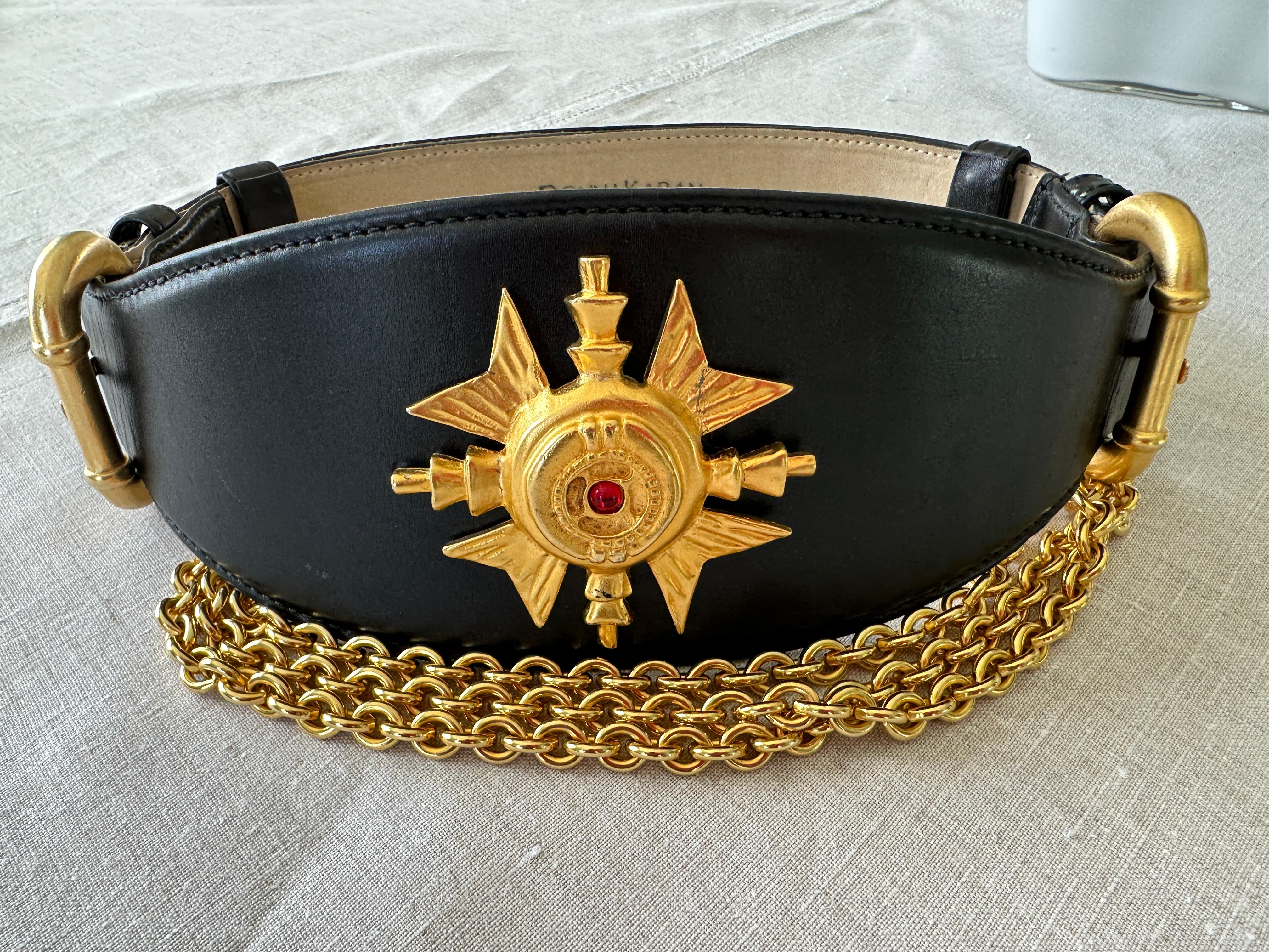 Donna Karan Collectable Vintage Wide Leather Belt w Gold Cross and Chain Details For Sale 6