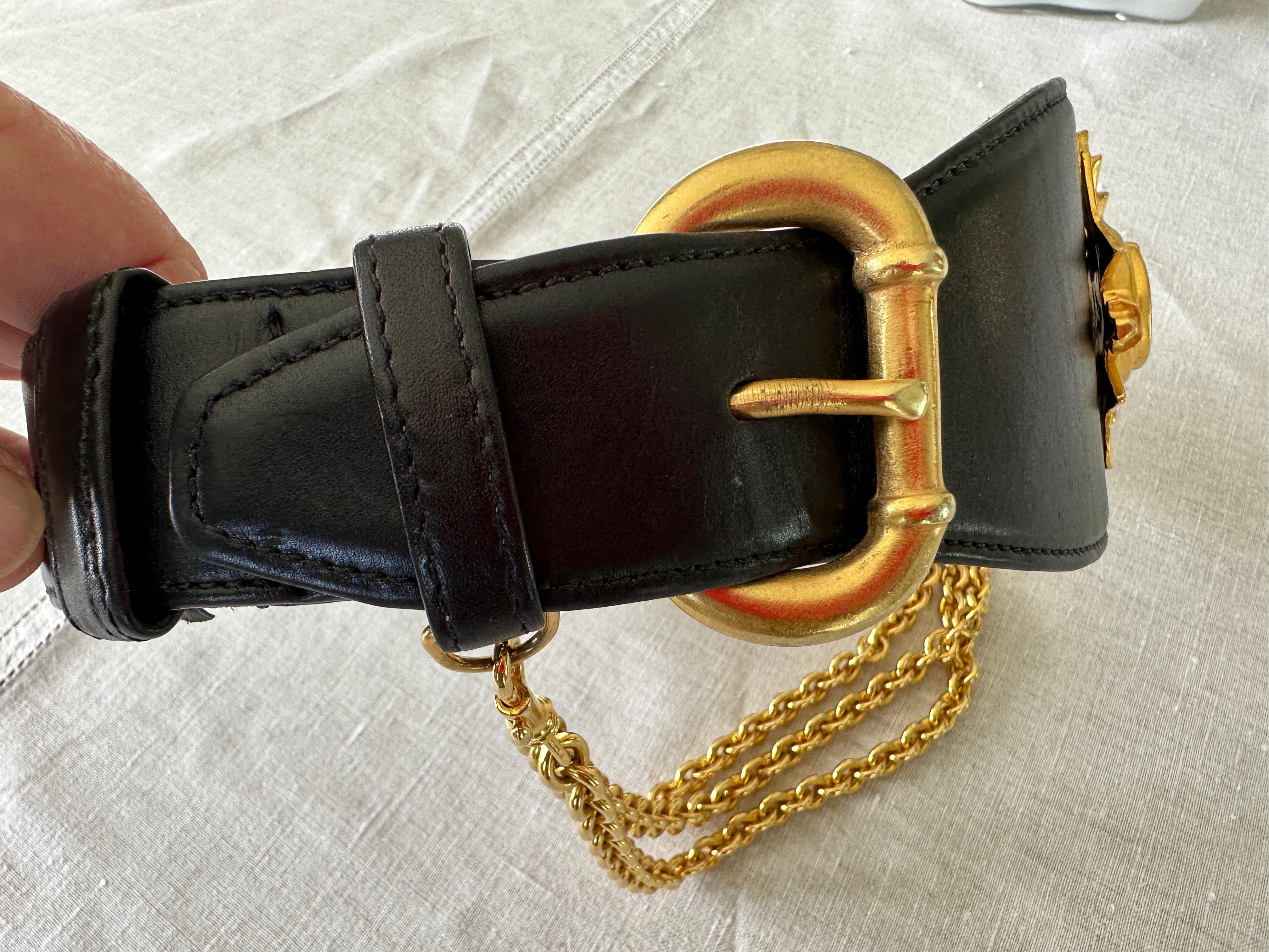 Donna Karan Collectable Vintage Wide Leather Belt w Gold Cross and Chain Details For Sale 7