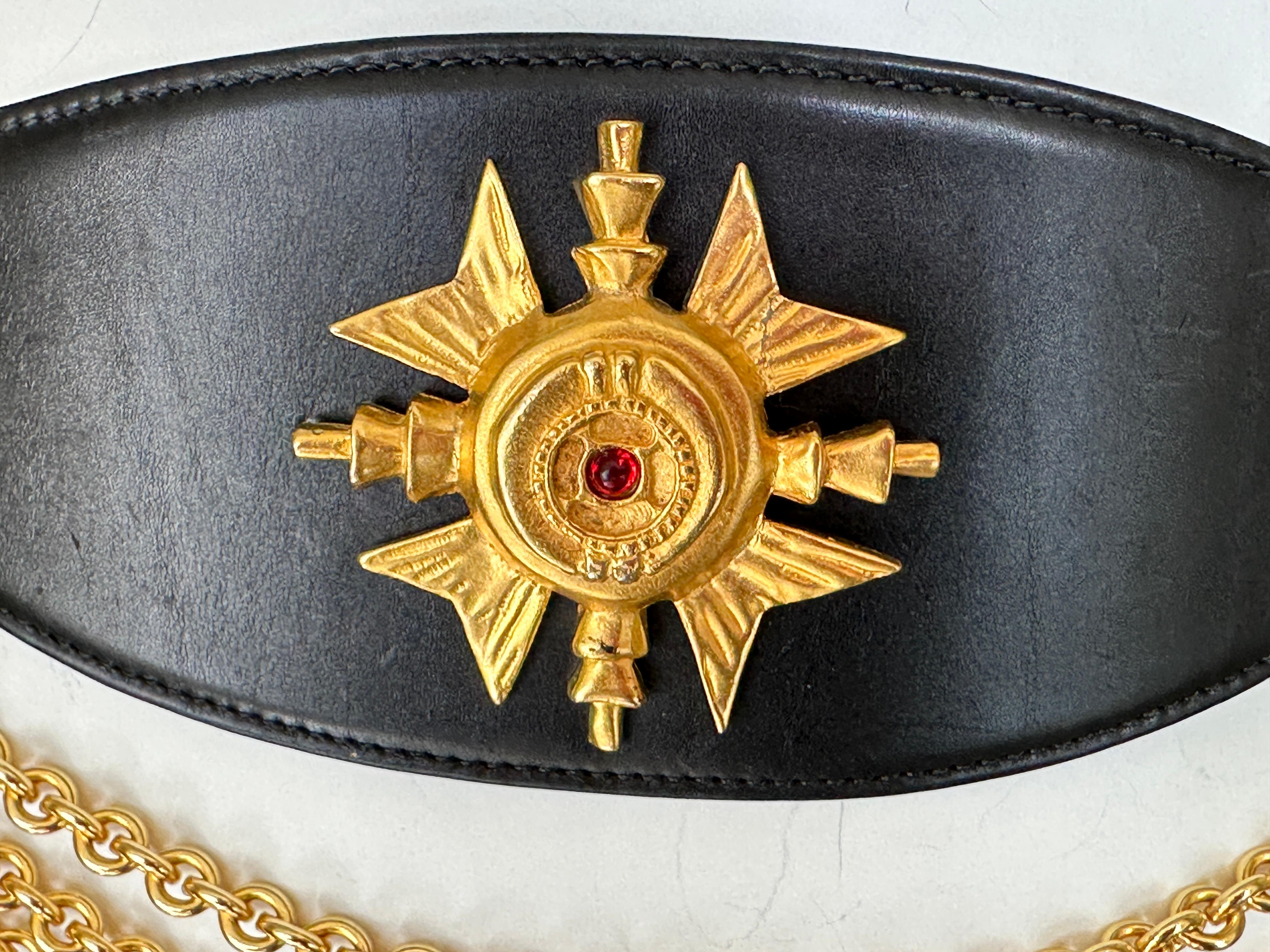 Women's or Men's Donna Karan Collectable Vintage Wide Leather Belt w Gold Cross and Chain Details For Sale