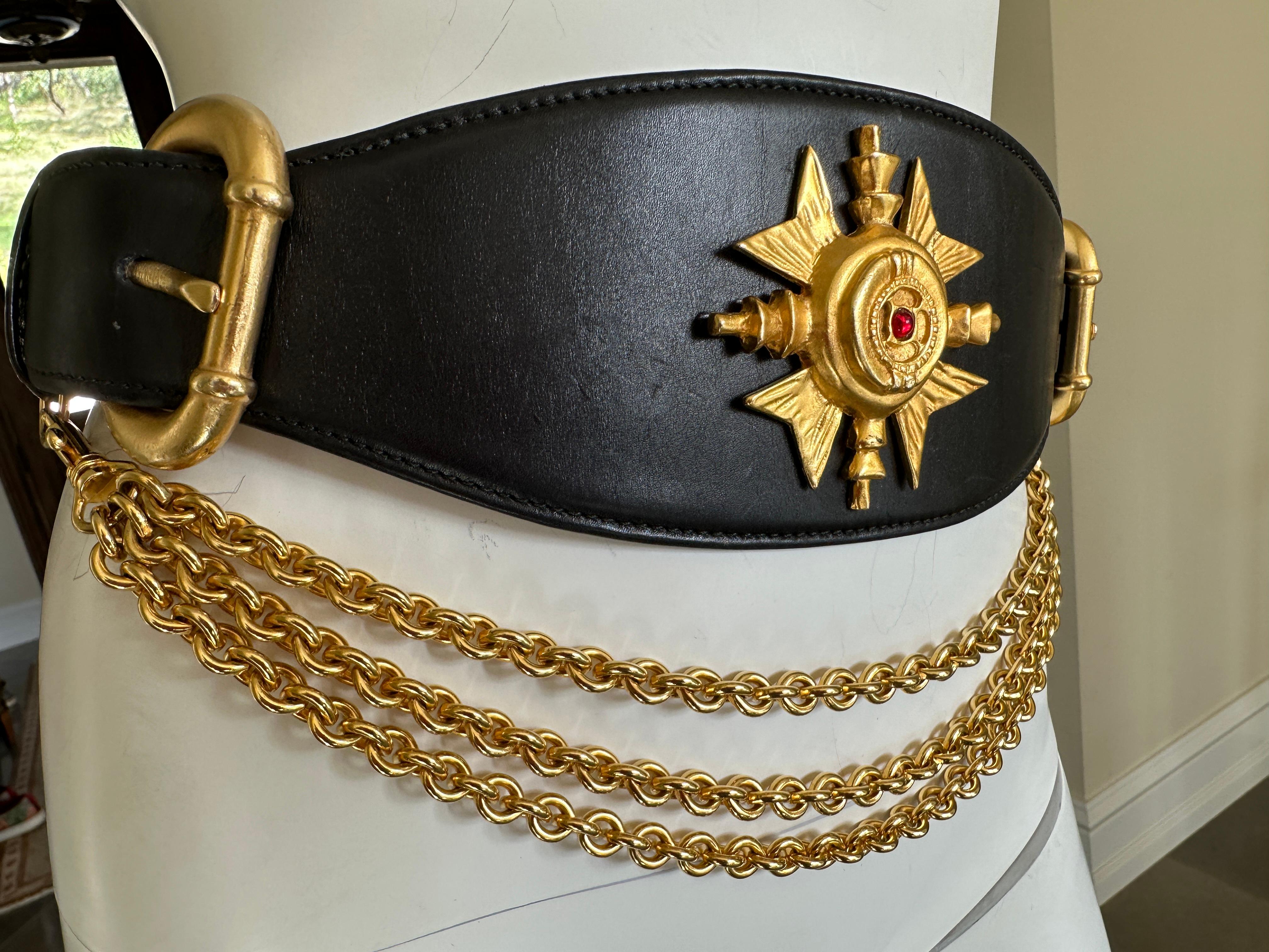 Donna Karan Collectable Vintage Wide Leather Belt w Gold Cross and Chain Details For Sale 1