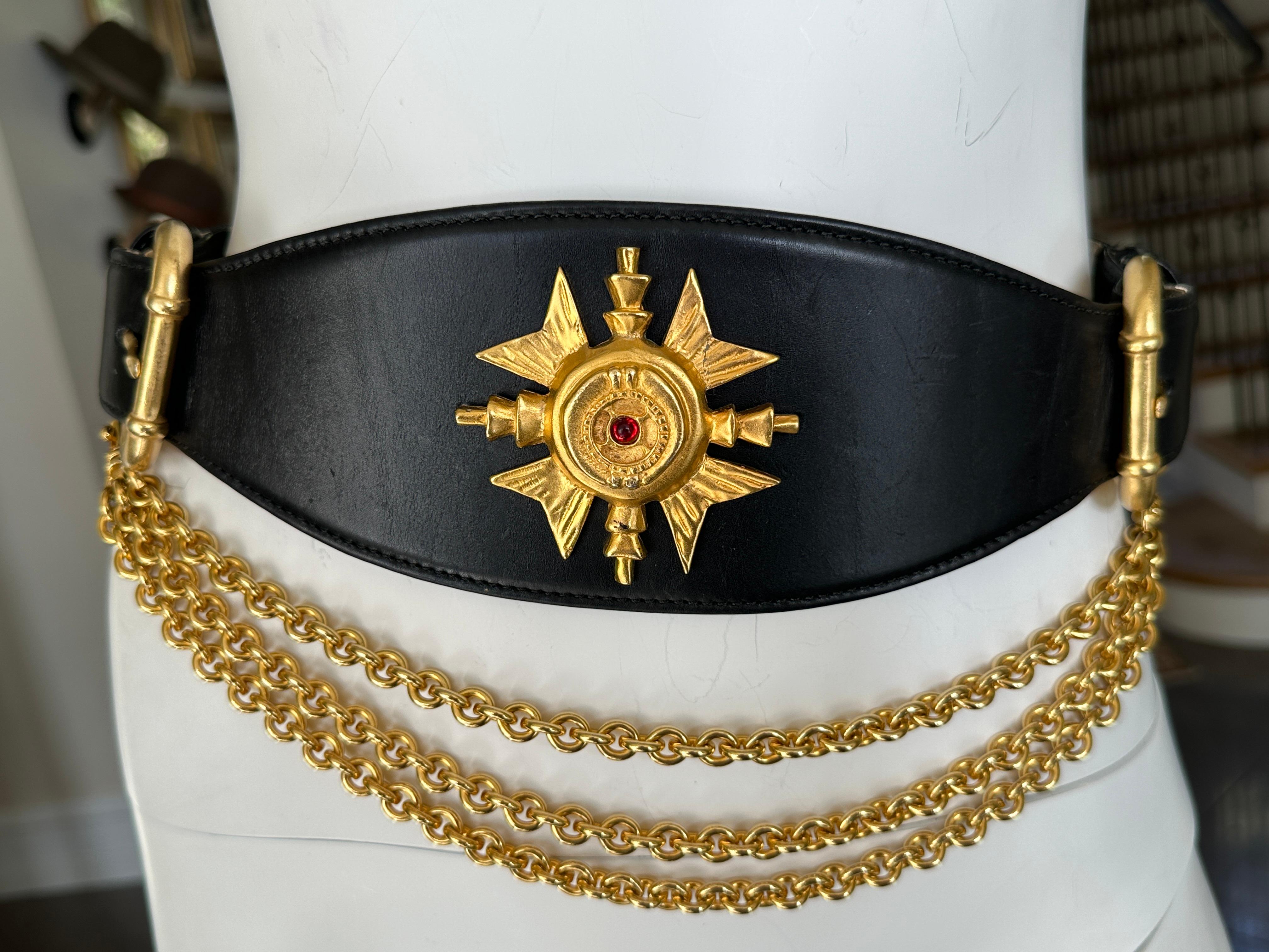 Donna Karan Collectable Vintage Wide Leather Belt w Gold Cross and Chain Details For Sale 2