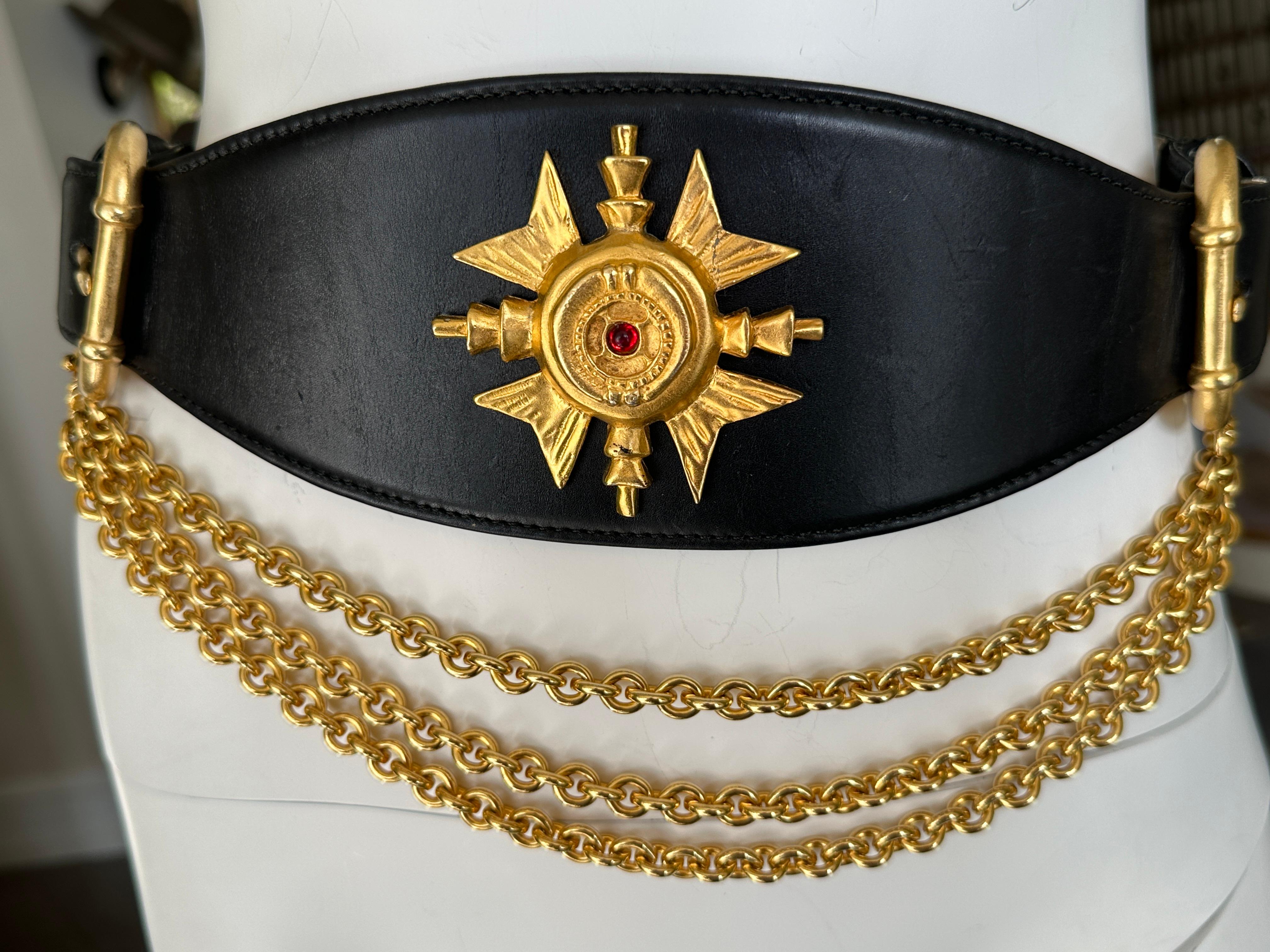 Donna Karan Collectable Vintage Wide Leather Belt w Gold Cross and Chain Details For Sale 3