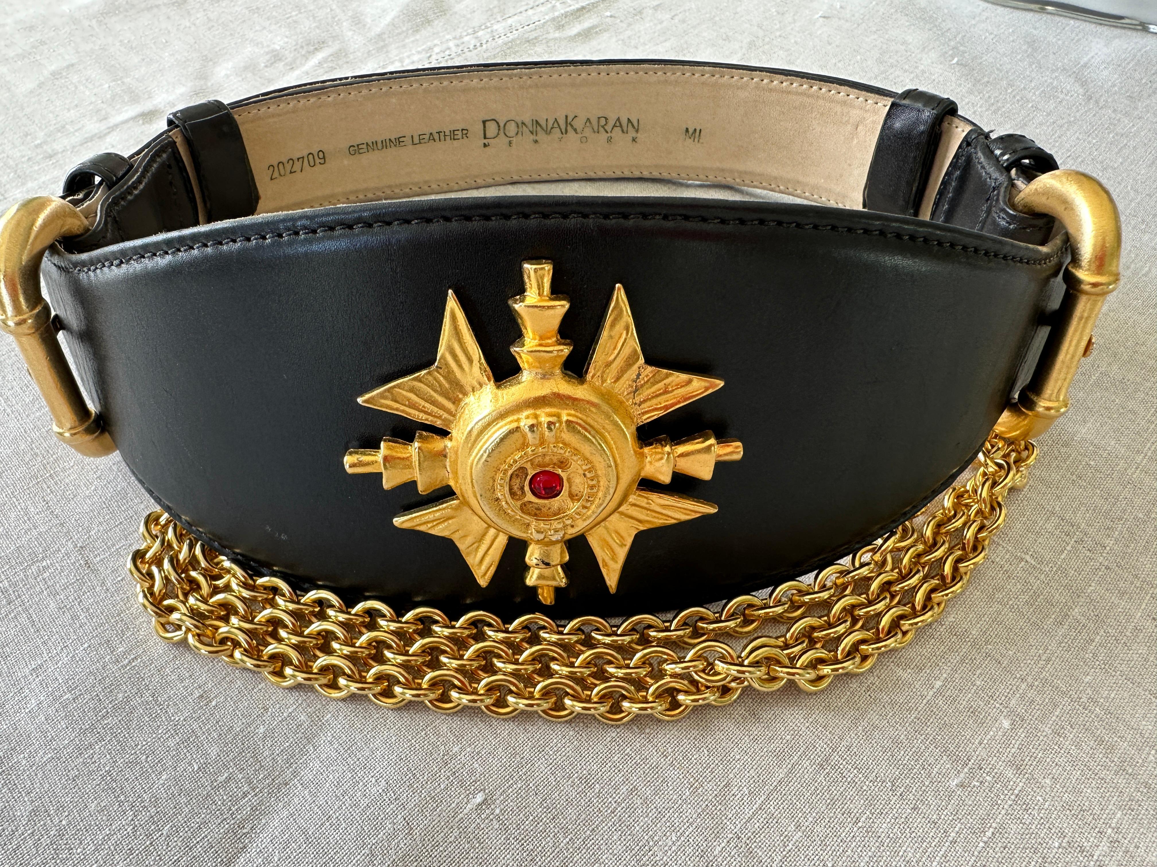 Donna Karan Collectable Vintage Wide Leather Belt w Gold Cross and Chain Details For Sale 5