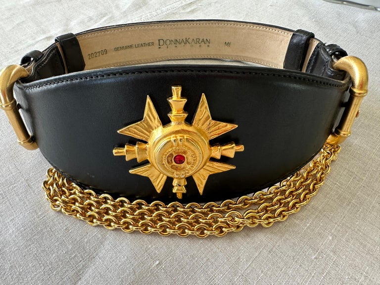 Donna Karan New York 1990’s Black & Gold 34” Adjustable Waist Belt w Chain Donna Karan Vintage Black Leather Gold Plaque Chain Belt  main image 4