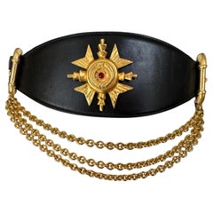 Donna Karan Collectable Vintage Wide Leather Belt w Gold Cross and Chain Details