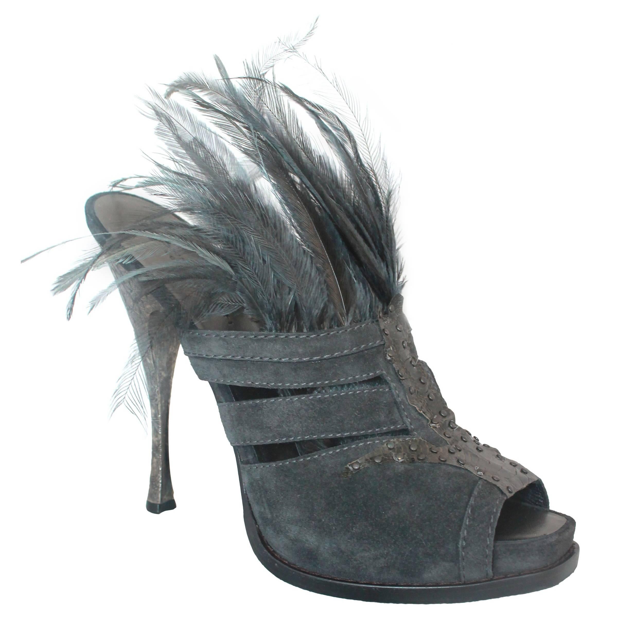 Donna Karan Collection Charcoal Suede, Snake Skin, & Feather Slide Heels - 41