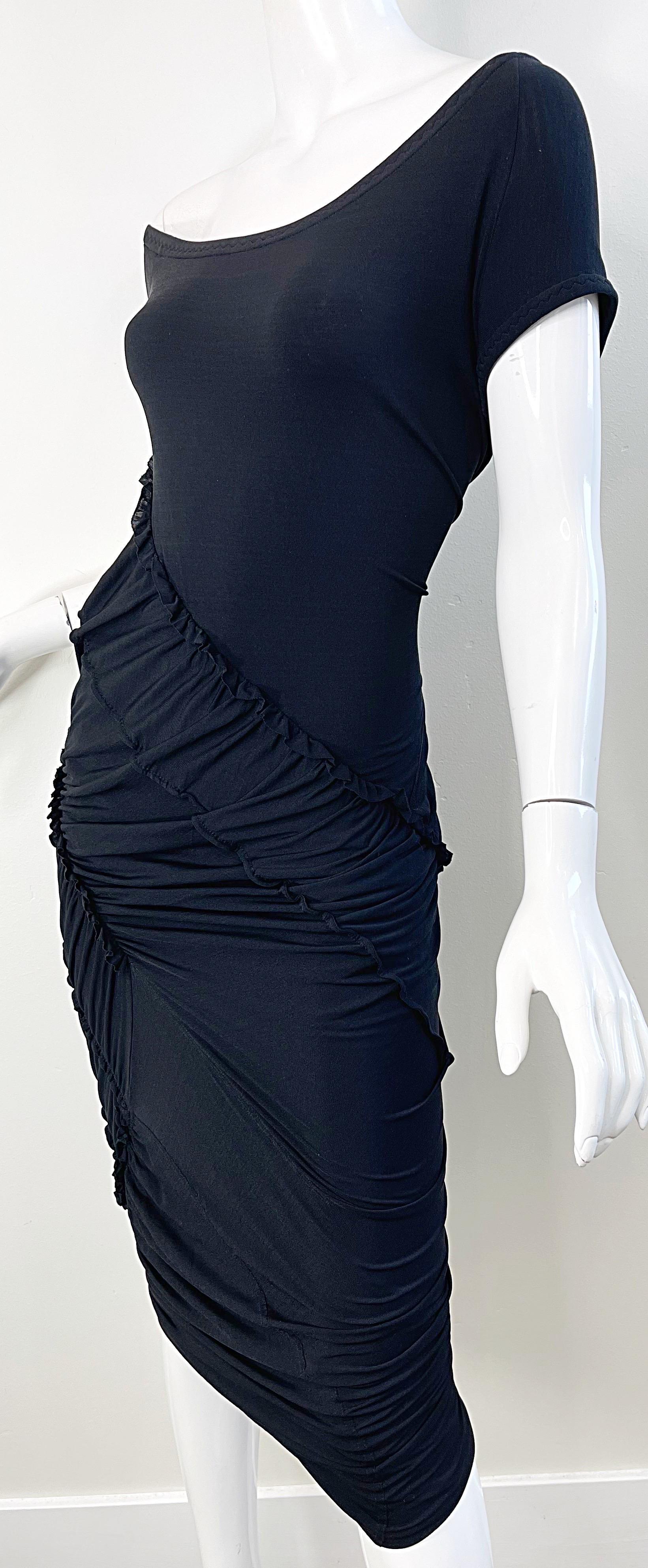 Donna Karan Collection Size Large 2000s Black Silk Jersey Off Shoulder Dress For Sale 6