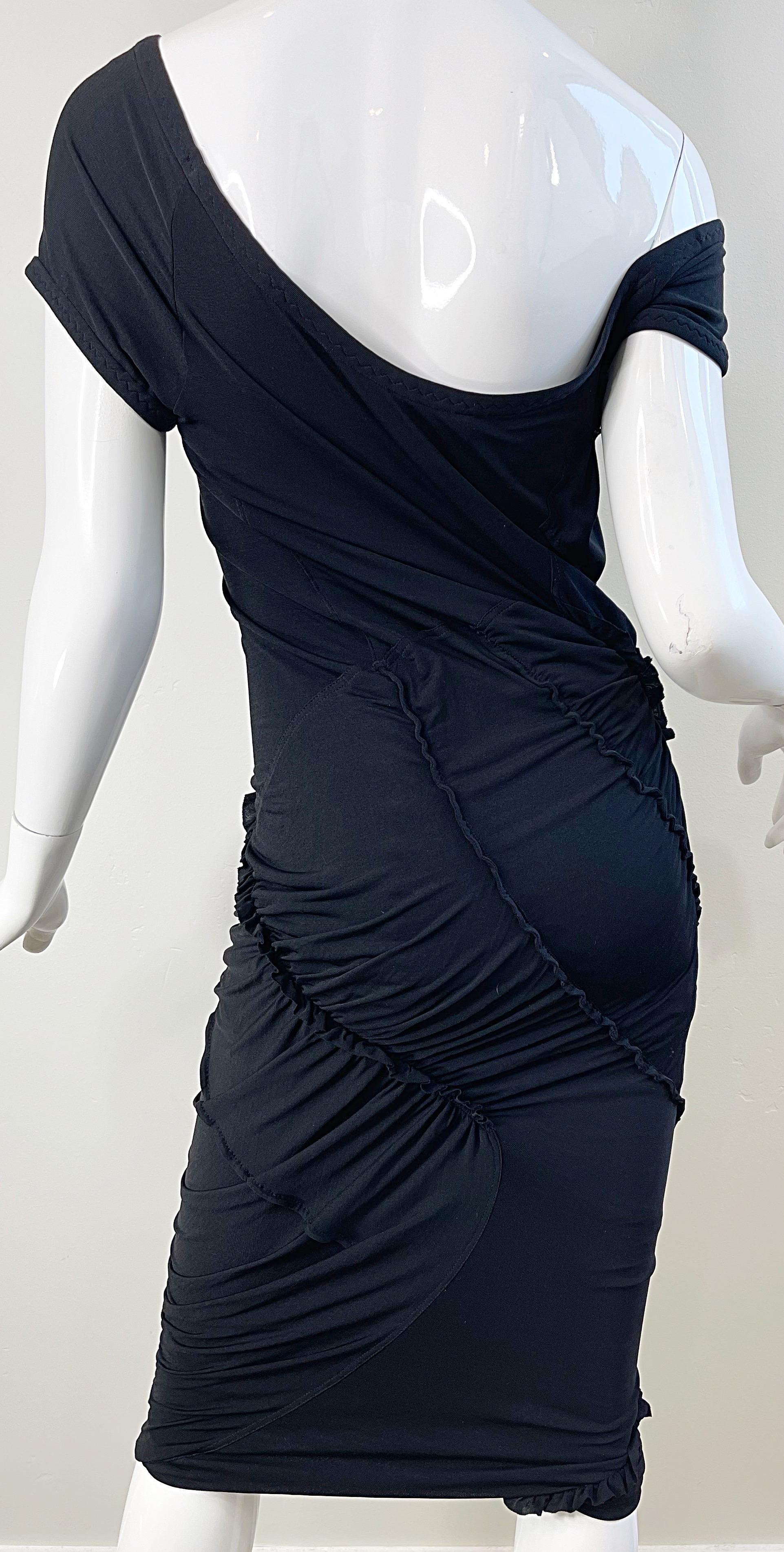 Donna Karan Collection Size Large 2000s Black Silk Jersey Off Shoulder Dress For Sale 7