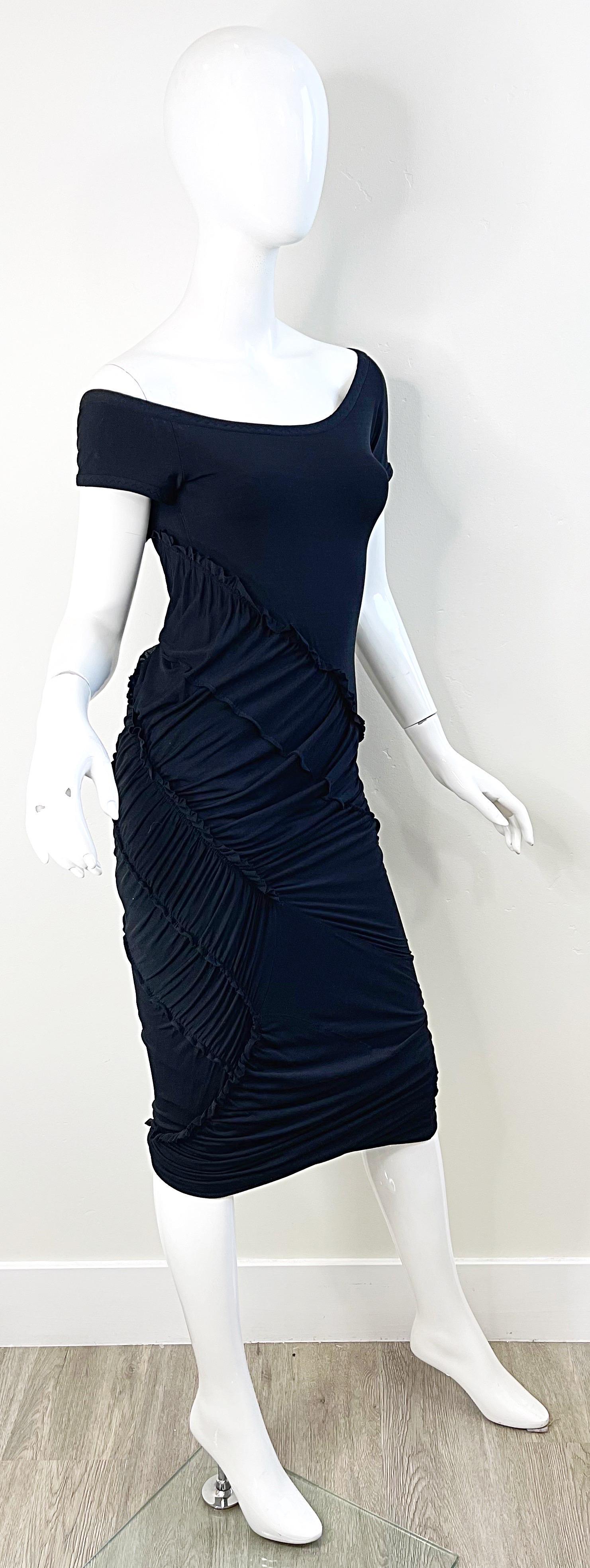Donna Karan Collection Size Large 2000s Black Silk Jersey Off Shoulder Dress For Sale 8