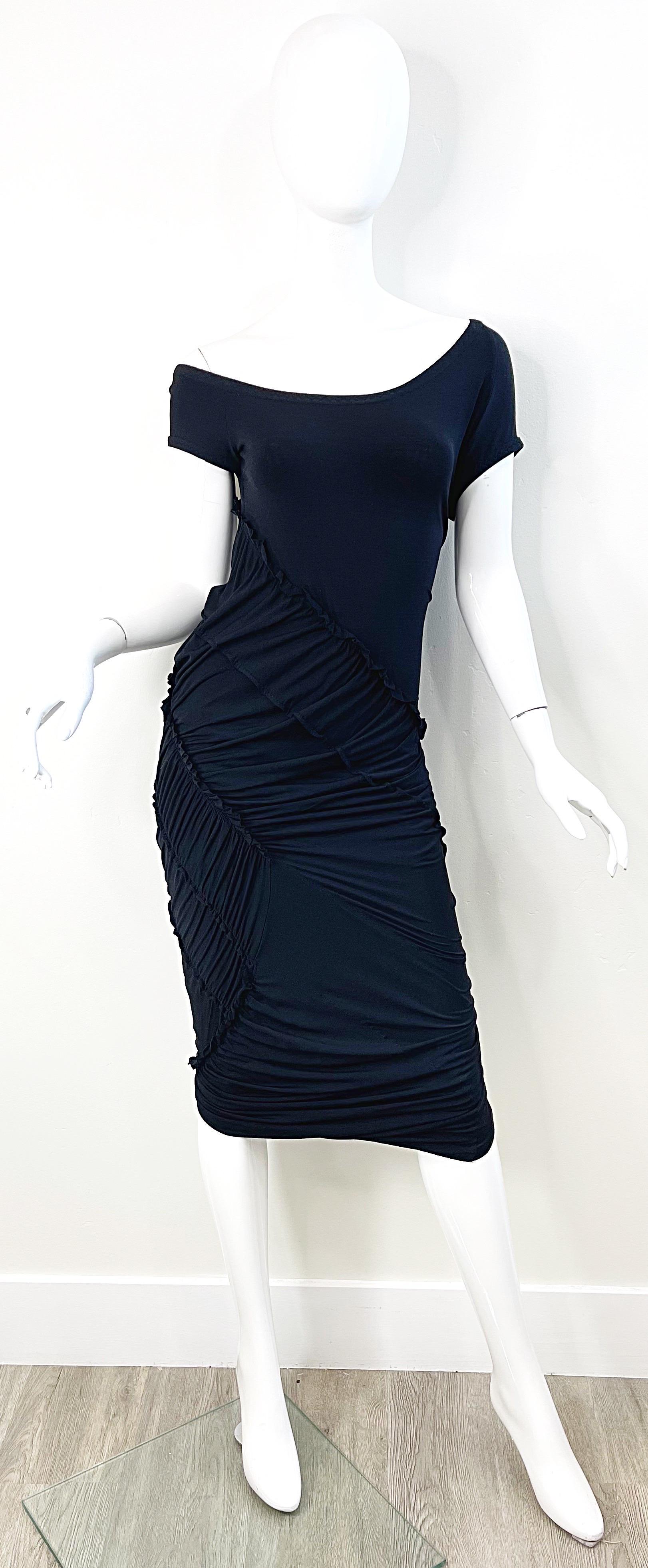 Donna Karan Collection Size Large 2000s Black Silk Jersey Off Shoulder Dress For Sale 10
