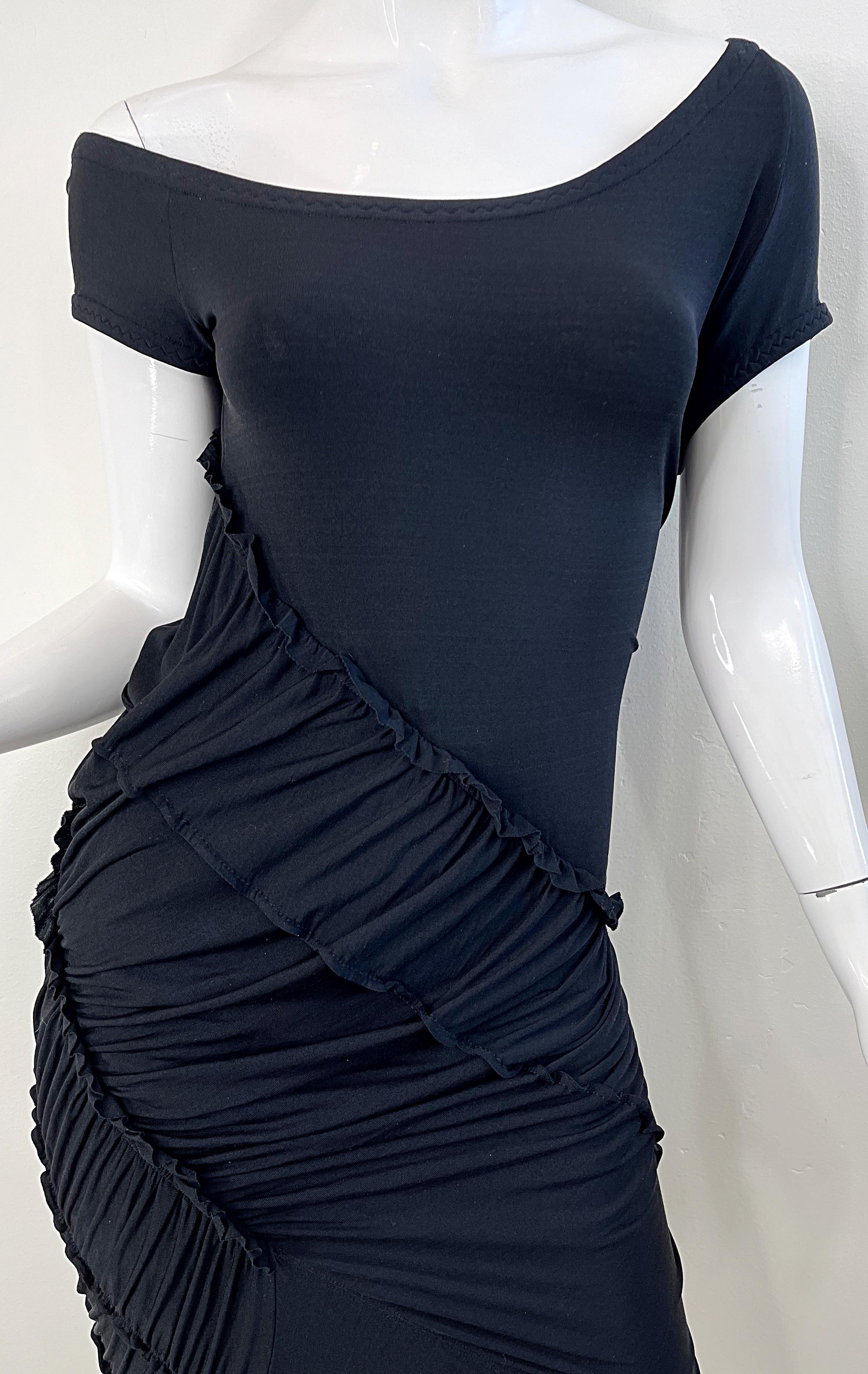 Donna Karan Collection Size Large 2000s Black Silk Jersey Off Shoulder Dress For Sale 1