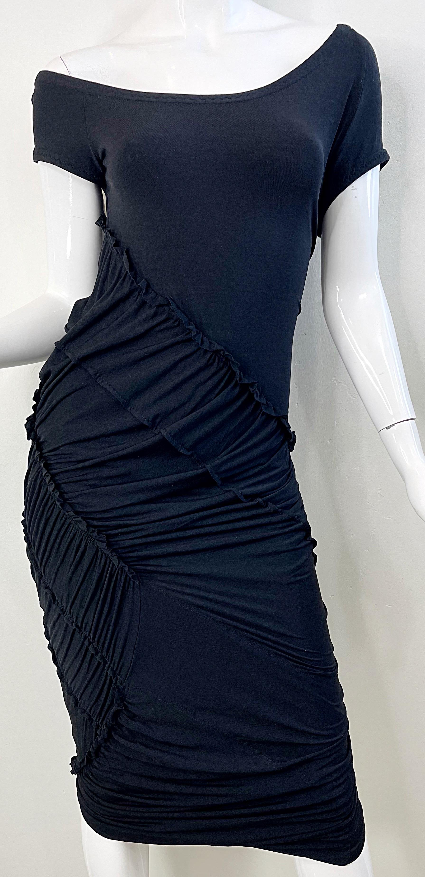 Donna Karan Collection Size Large 2000s Black Silk Jersey Off Shoulder Dress For Sale 2