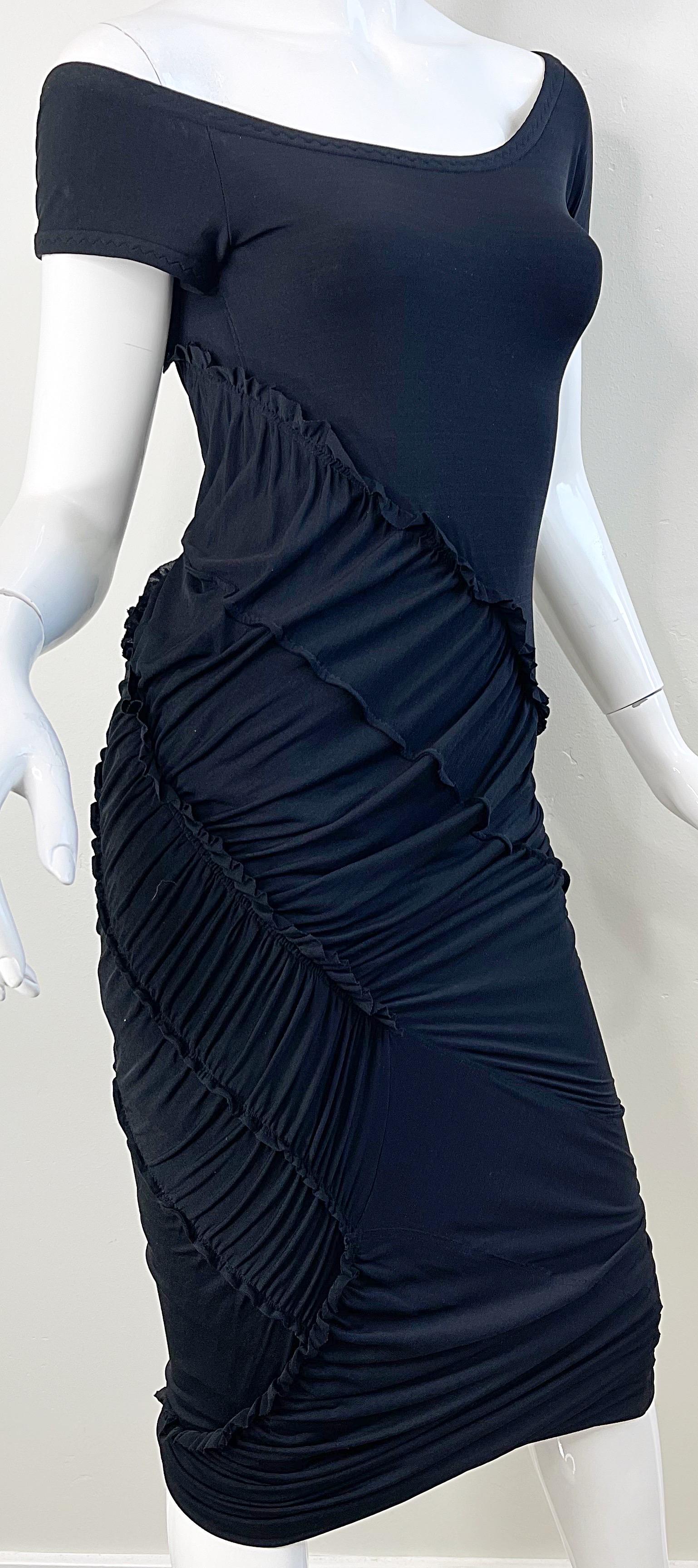 Donna Karan Collection Size Large 2000s Black Silk Jersey Off Shoulder Dress For Sale 3