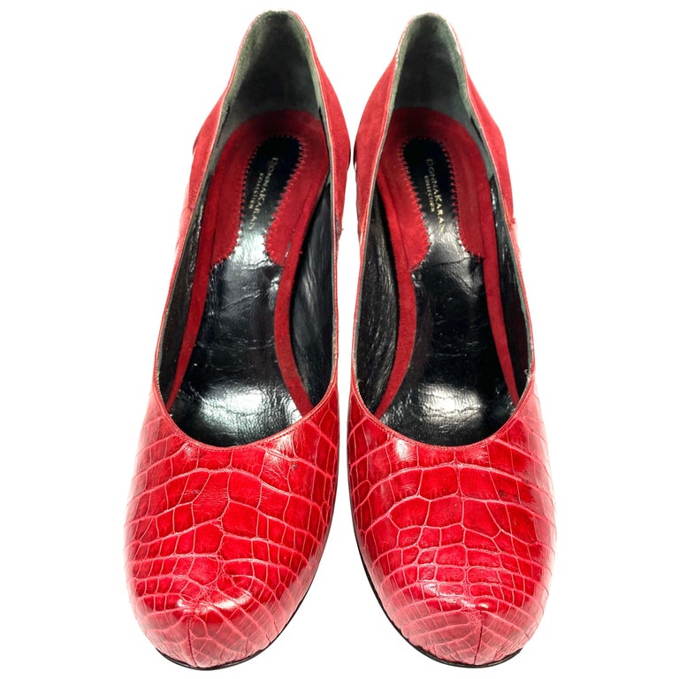 Donna Karan Collections Red Crocodile and Suede Pump Heels Shies Size 38  For Sale at 1stDibs | red shies, donna karan heels, red suede pumps