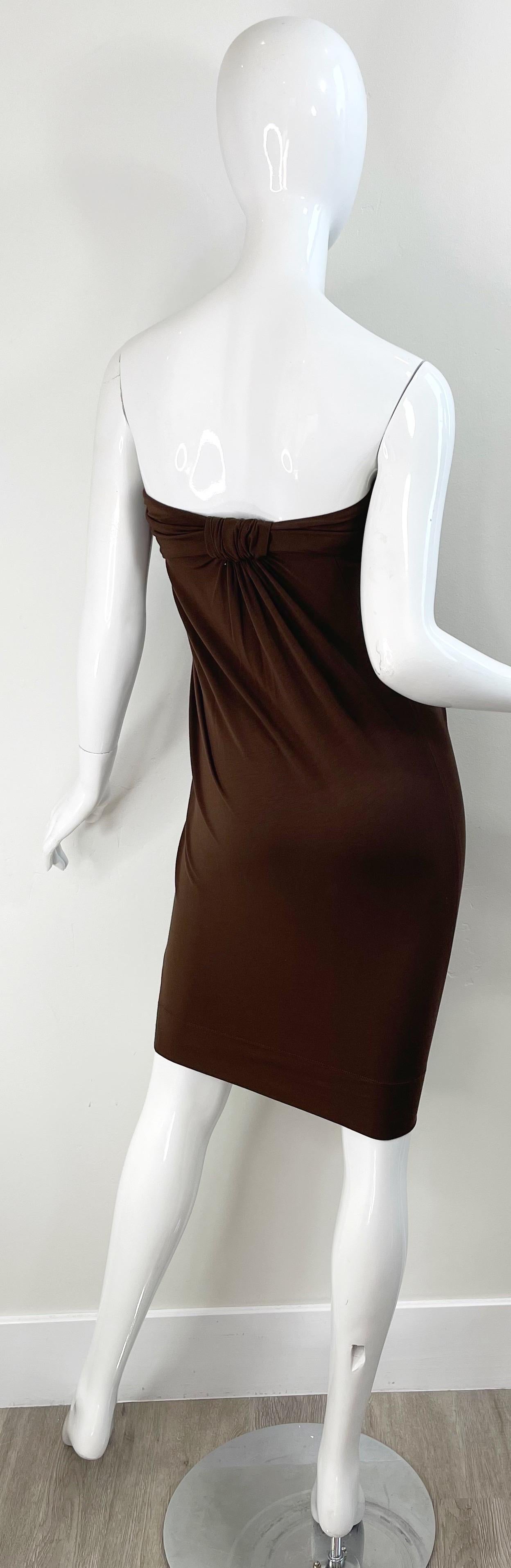 Donna Karan Colletion Y2K Chocolate Brown Strapless Rayon Spandex Vintage Dress en vente 6