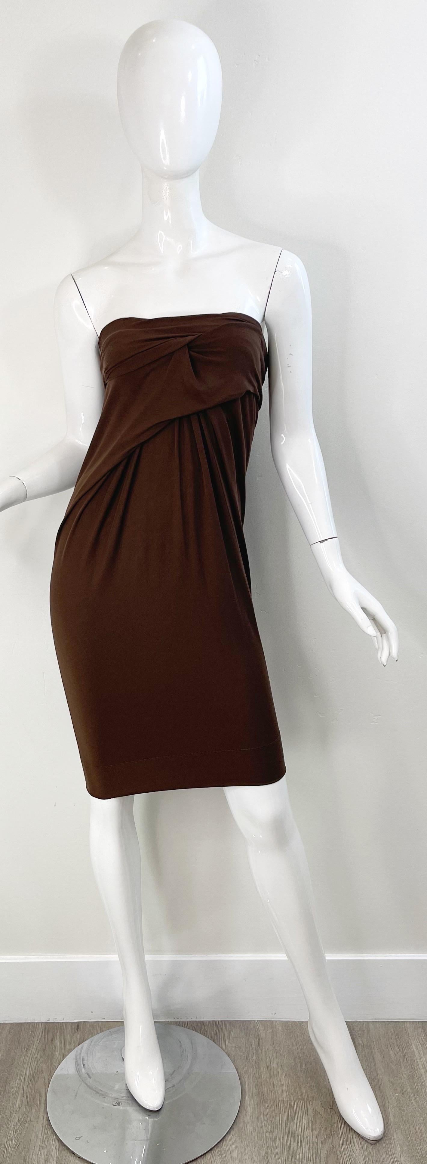 Donna Karan Colletion Y2K Chocolate Brown Strapless Rayon Spandex Vintage Dress en vente 10
