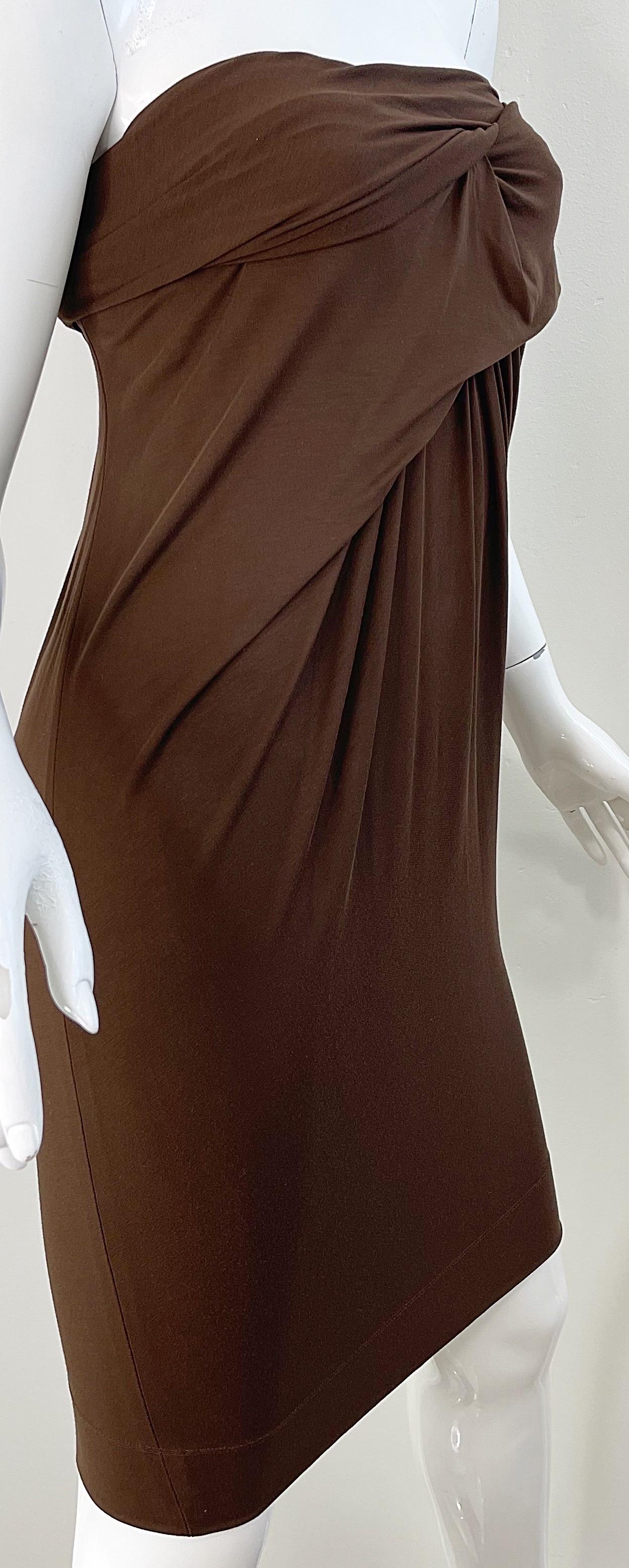 Women's Donna Karan Colletion Y2K Chocolate Brown Strapless Rayon Spandex Vintage Dress For Sale