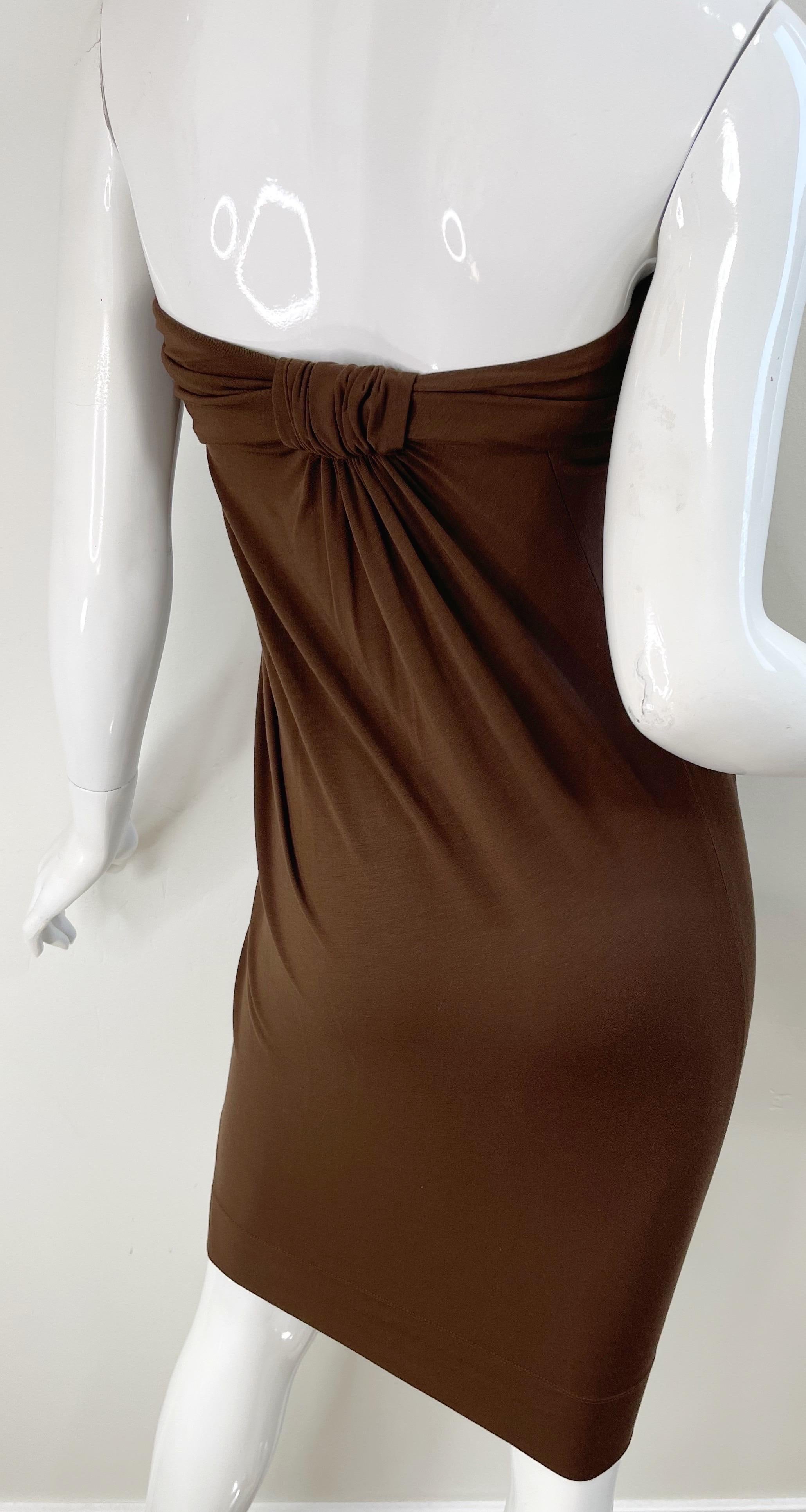 Donna Karan Colletion Y2K Chocolate Brown Strapless Rayon Spandex Vintage Dress en vente 1