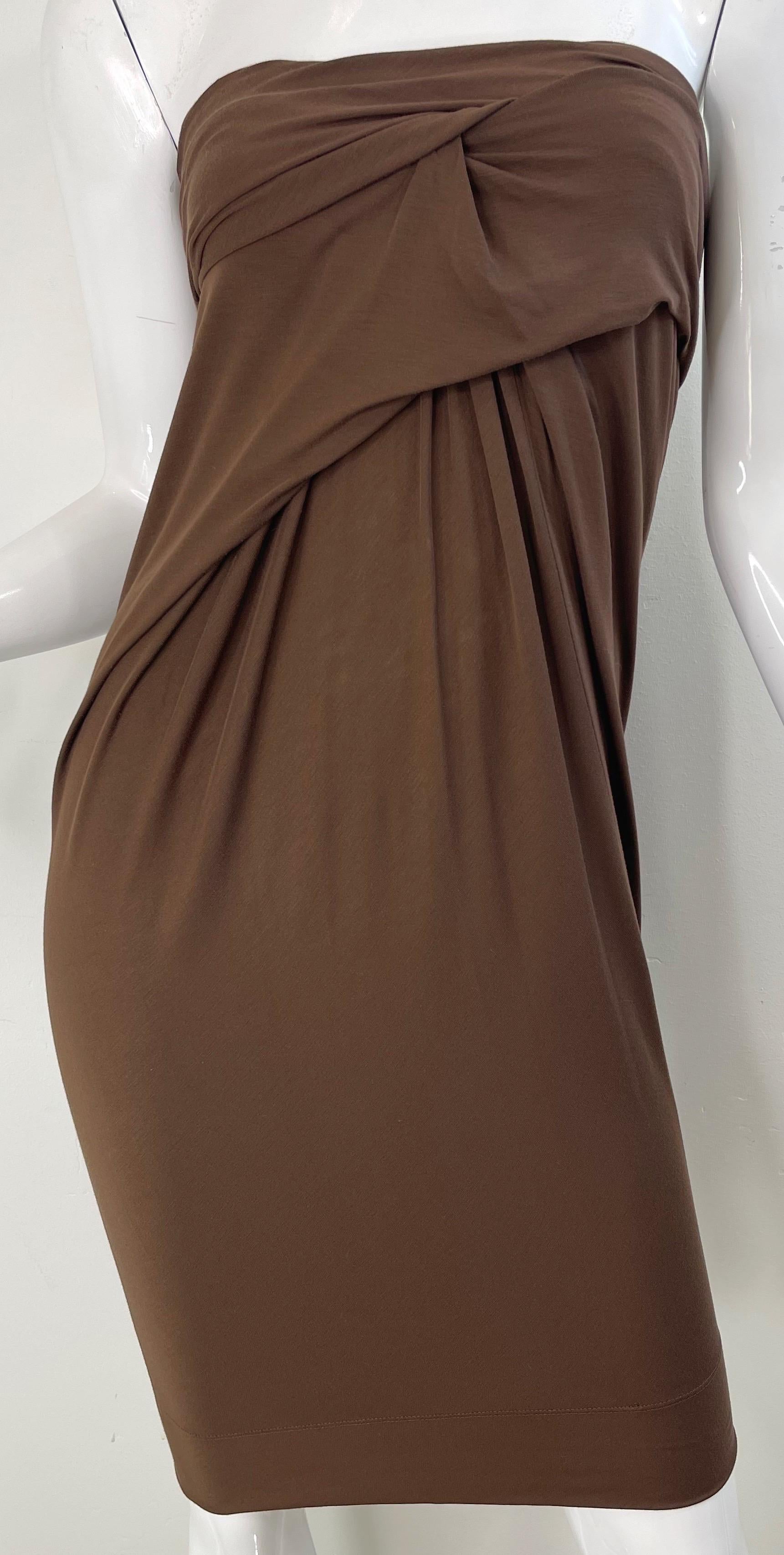 Donna Karan Colletion Y2K Chocolate Brown Strapless Rayon Spandex Vintage Dress en vente 5