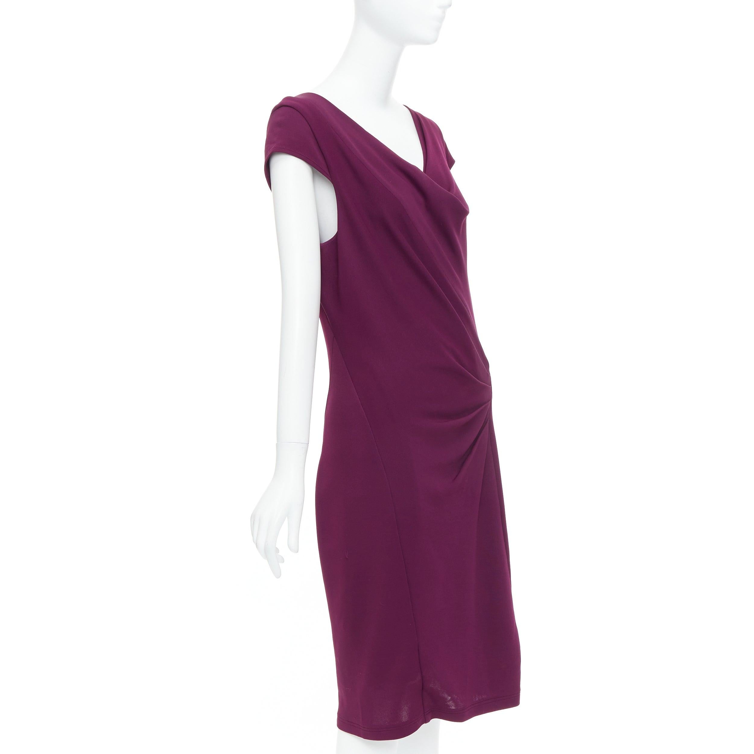 Purple DONNA KARAN dark purple asymmetric drape cowl neck sheath dress L For Sale