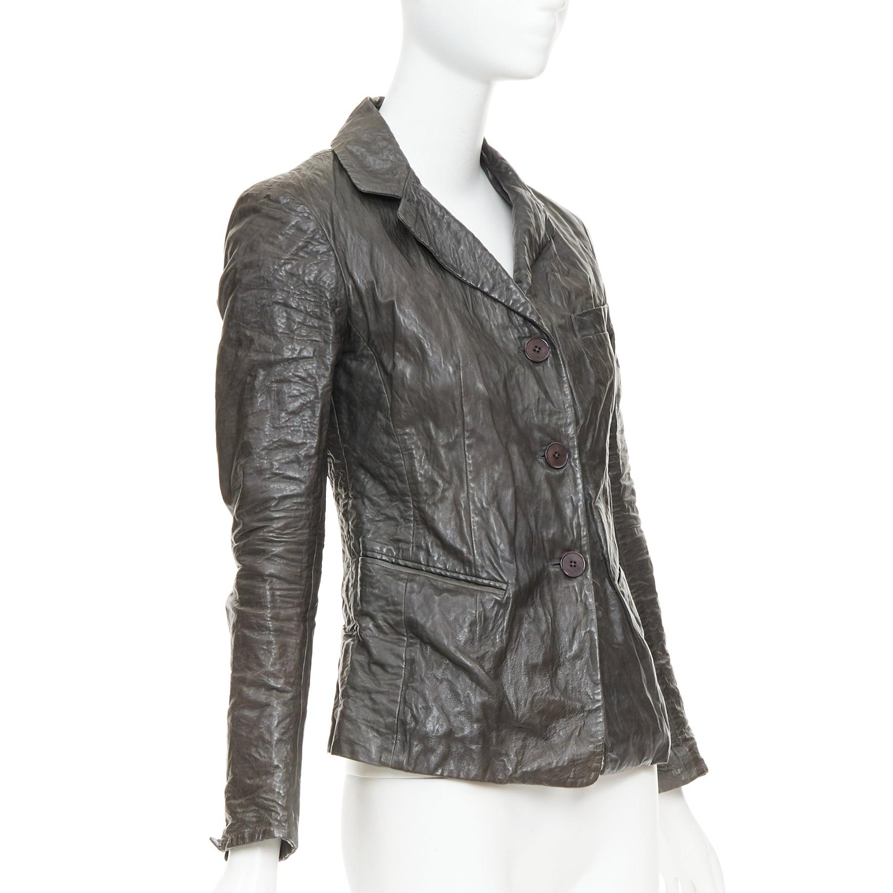 DONNA KARAN chaqueta blazer de piel de cordero arrugada topo oscuro IT38 XS Gris en venta