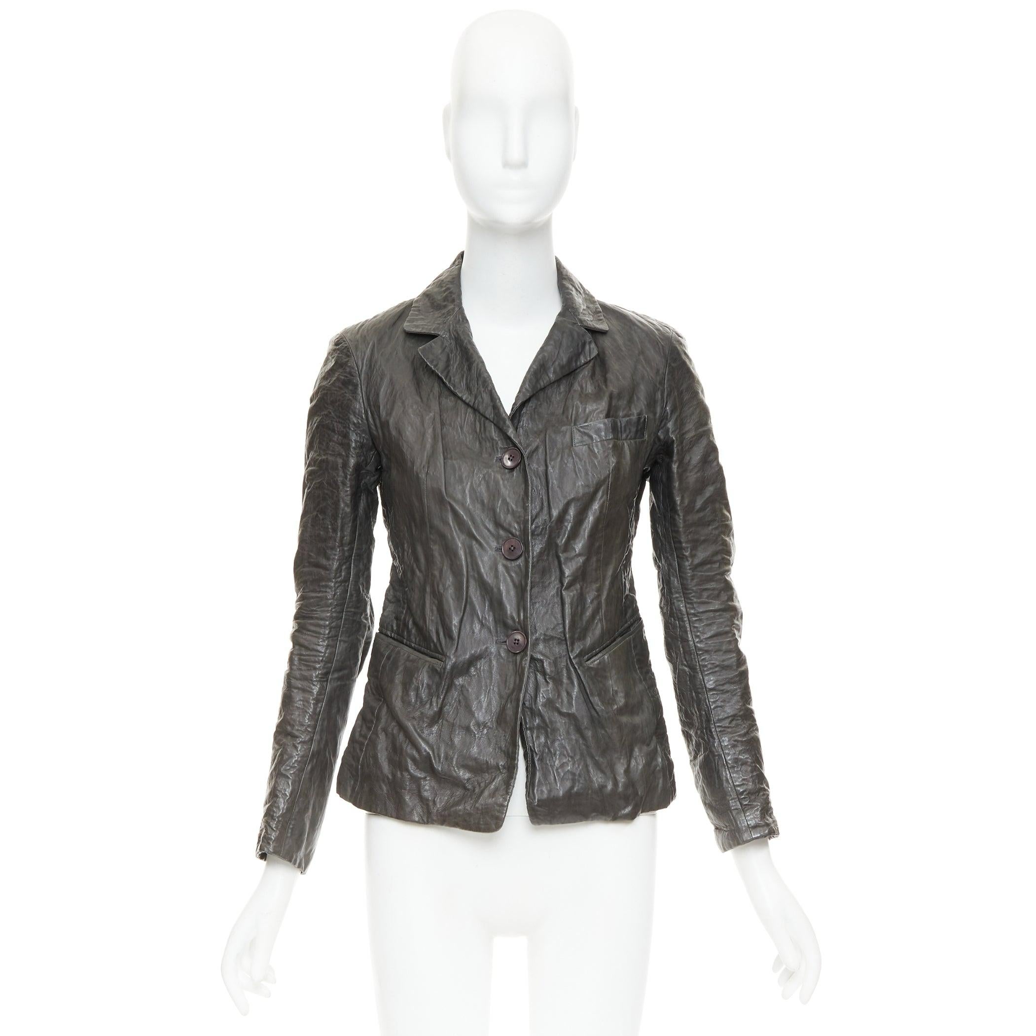 DONNA KARAN chaqueta blazer de piel de cordero arrugada topo oscuro IT38 XS en venta 4
