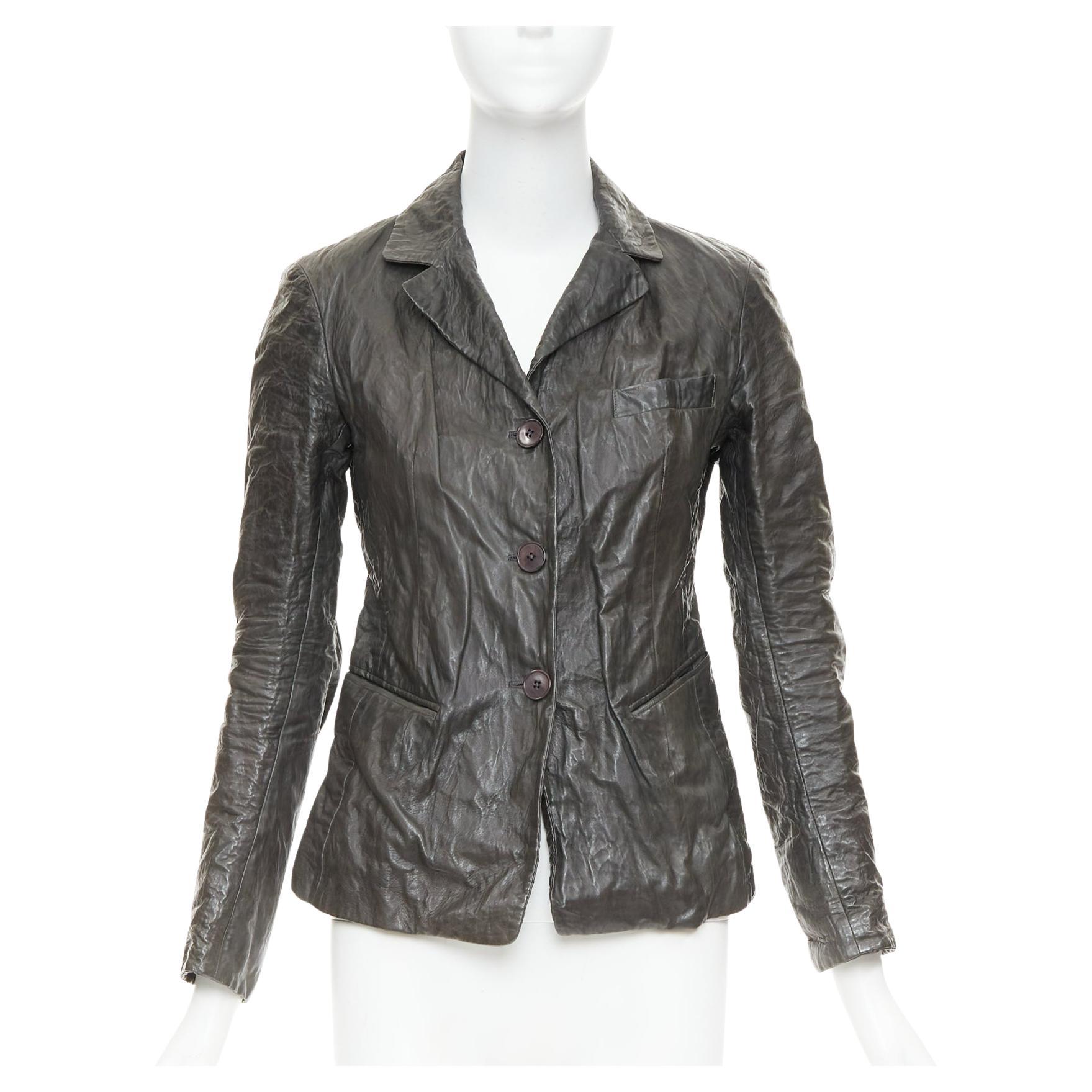 DONNA KARAN dark taupe crinkled lambskin leather blazer jacket IT38 XS