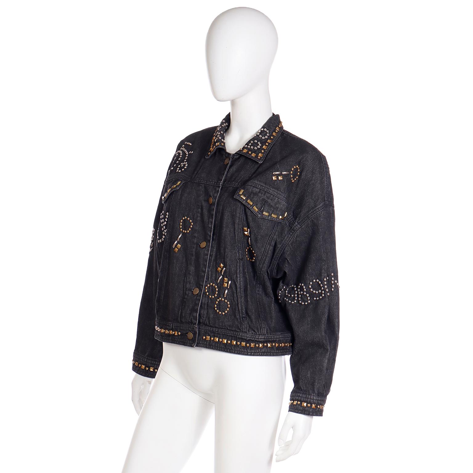 Donna Karan DKNY 1989 Black Denim Jacket W Studded Bicycles NY Paris Scooters In Excellent Condition In Portland, OR