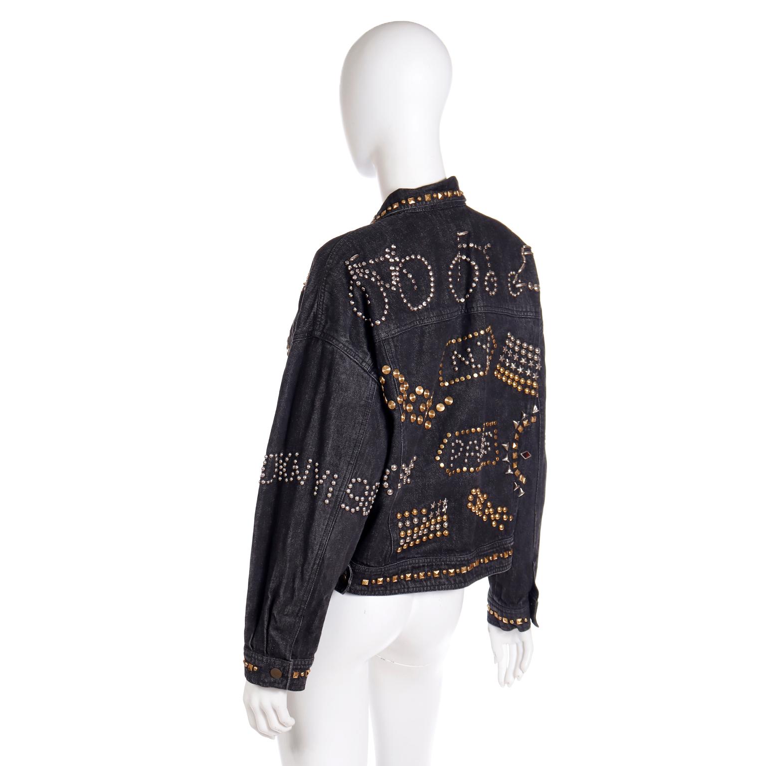 Women's Donna Karan DKNY 1989 Black Denim Jacket W Studded Bicycles NY Paris Scooters