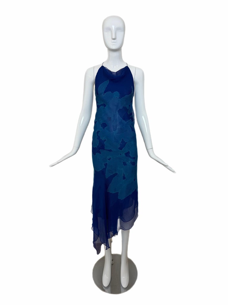 DONNA KARAN (FLAWED) 2000 Vintage Runway Silk Blue Backless Halter Dress For Sale at 1stDibs DONNA KARAN (FLAWED) 2000 Vintage Runway Silk Blue Backless Halter Dress For Sale at 1stDibs