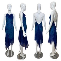 DONNA KARAN (FLAWED) 2000 Vintage Laufsteg Seide Blau Rückenfreies Trägerkleid