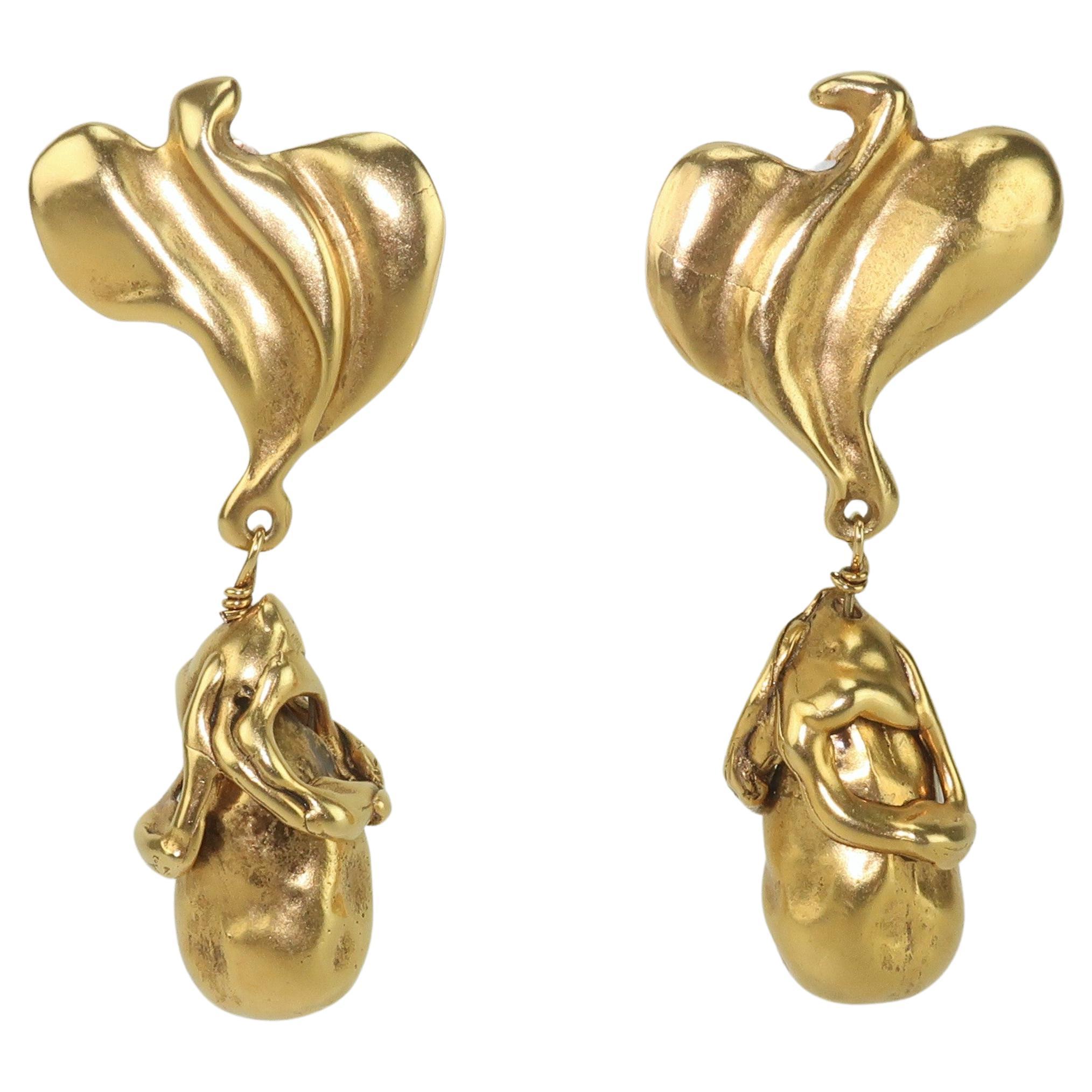 Donna Karan Gold Tone Modernist Bird Earrings For Sale