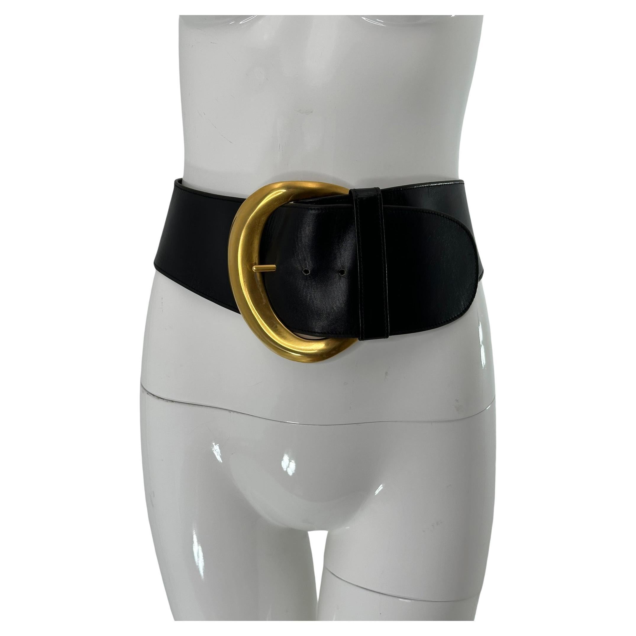 Donna Karan Large Gold Buckle Wide Black Leather Contour Belt Medium