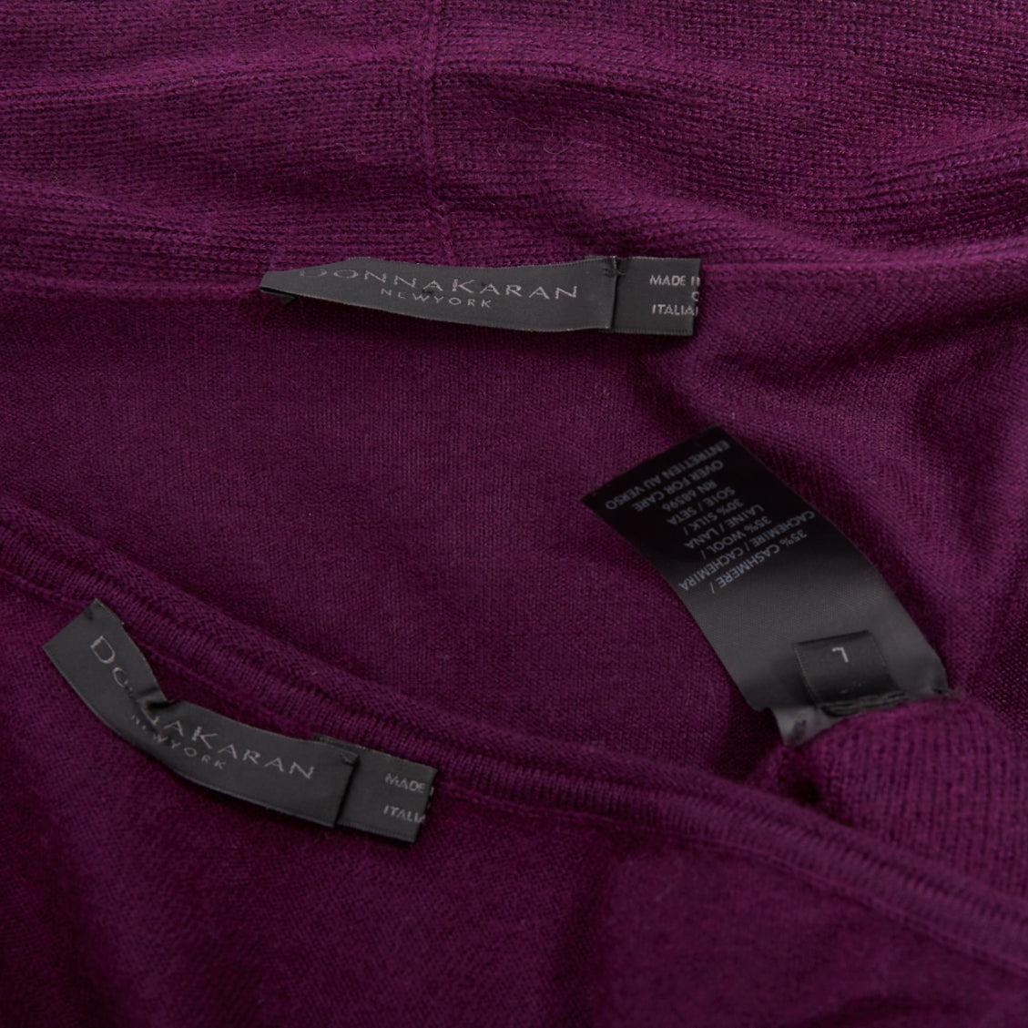 DONNA KARAN marron violet cachemire laine soie pull drapé cardigan twin set L en vente 4