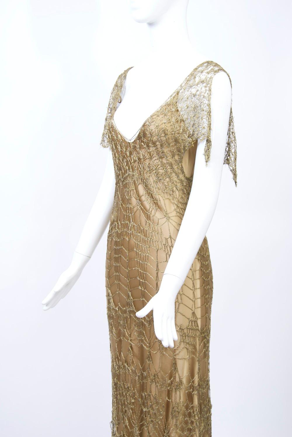 Donna Karan Metallic Gold Crochet Dress and Slip For Sale 2