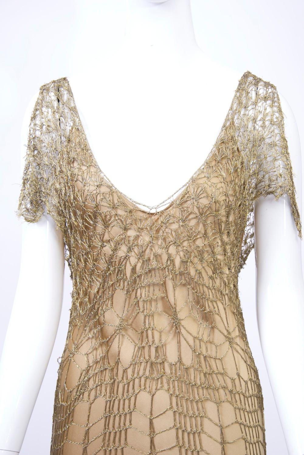 Marron Donna Karan Metallic Gold Crochet Dress and Slip en vente