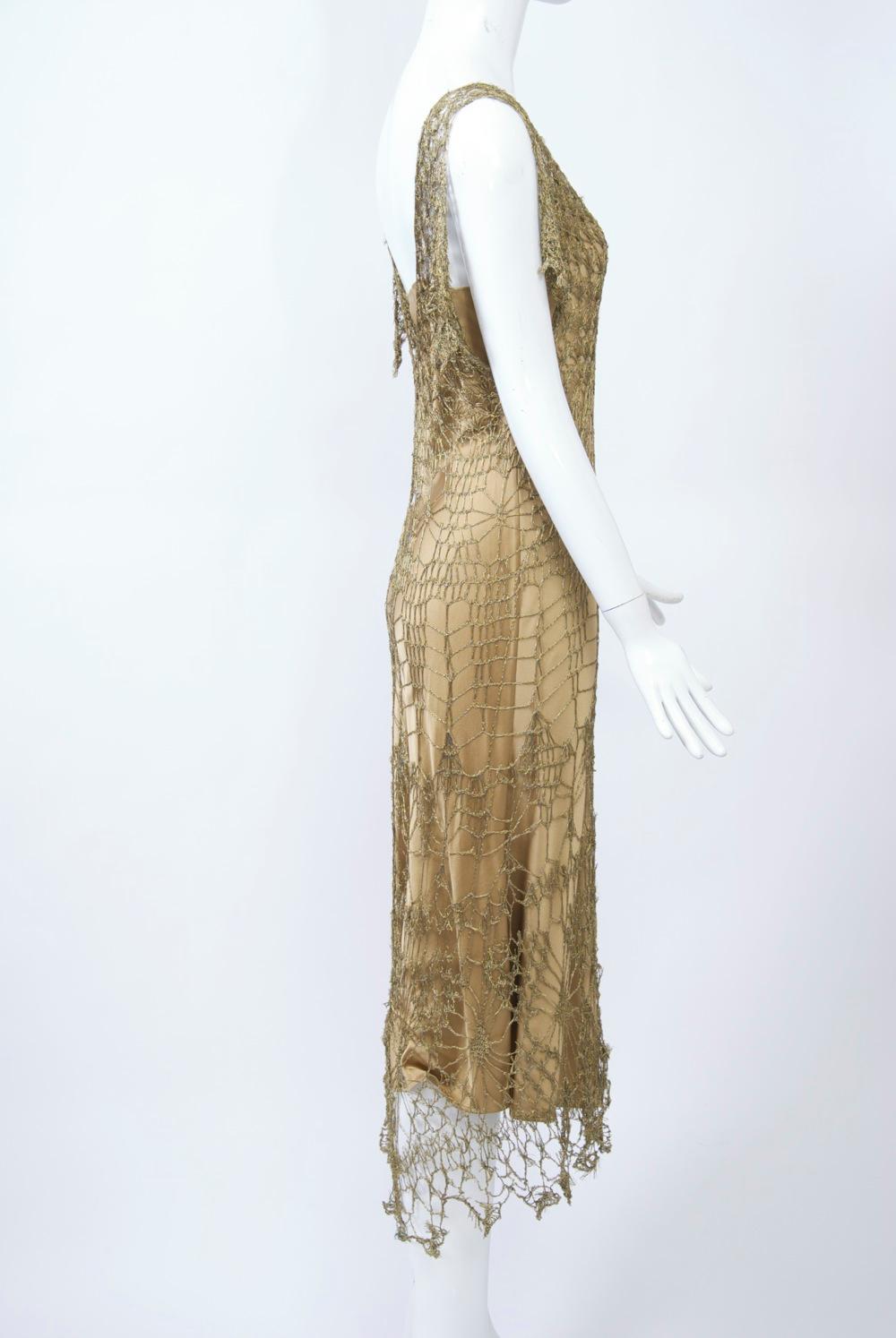 Brown Donna Karan Metallic Gold Crochet Dress and Slip For Sale