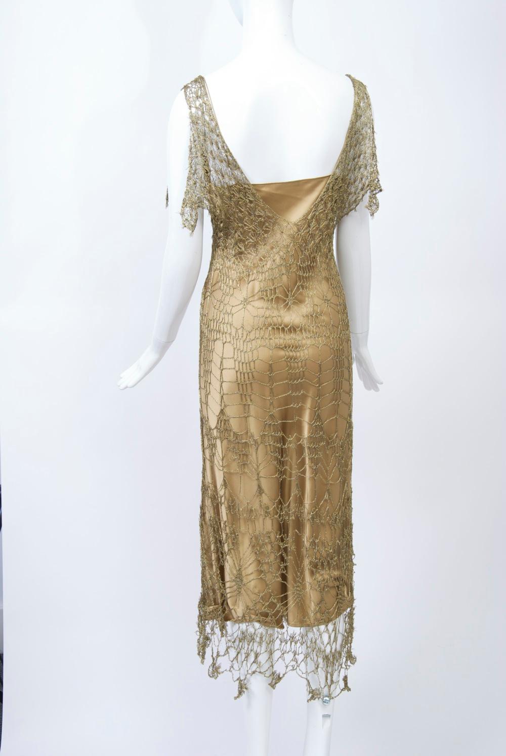 Donna Karan Metallic Gold Crochet Dress and Slip In Good Condition For Sale In Alford, MA