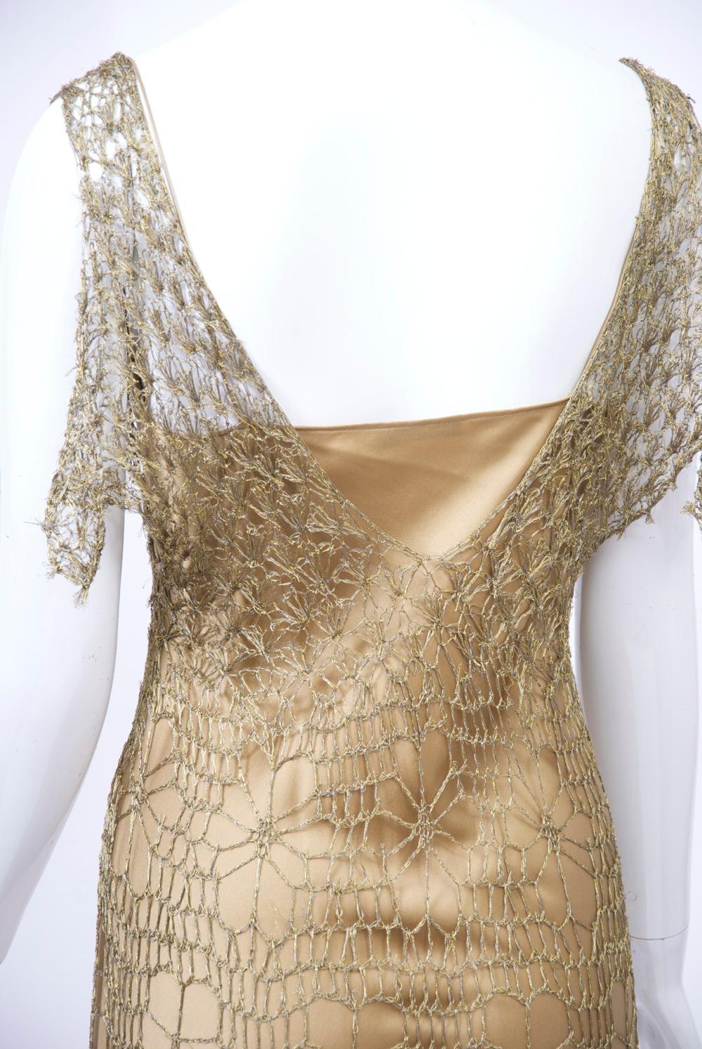 Women's Donna Karan Metallic Gold Crochet Dress and Slip For Sale