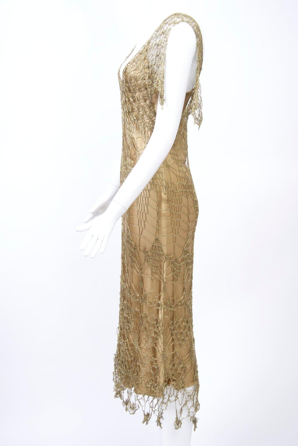 Donna Karan Metallic Gold Crochet Dress and Slip For Sale 1