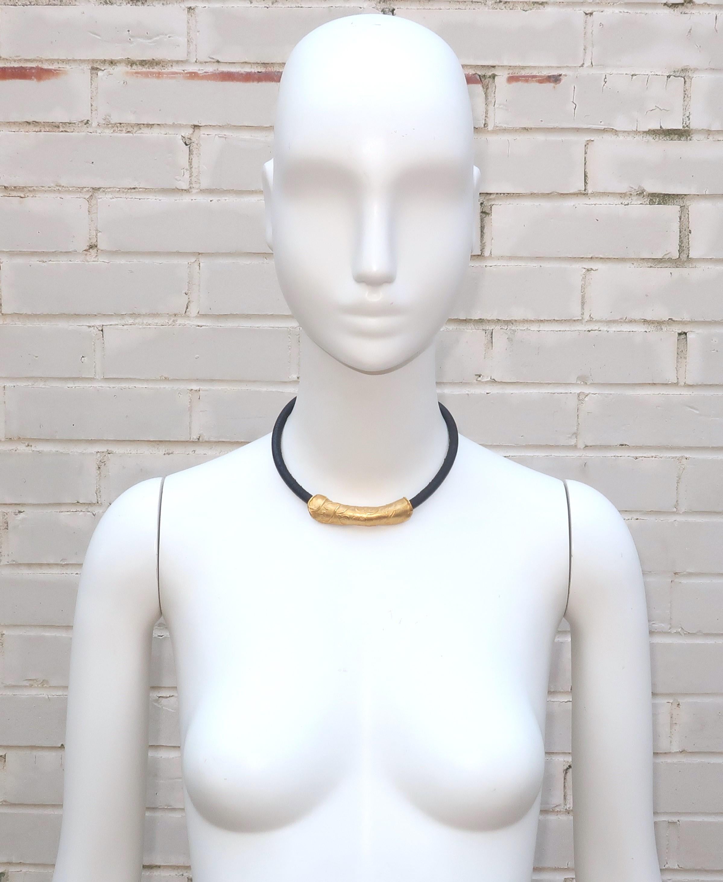Donna Karan Modernist Gilt Metal & Leather Choker Necklace, 1980's 3