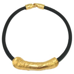 Donna Karan Modernist Gilt Metal & Leather Choker Necklace, 1980's