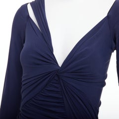 DONNA KARAN navy cold shoulder lunge neck draped grecian gown dress L