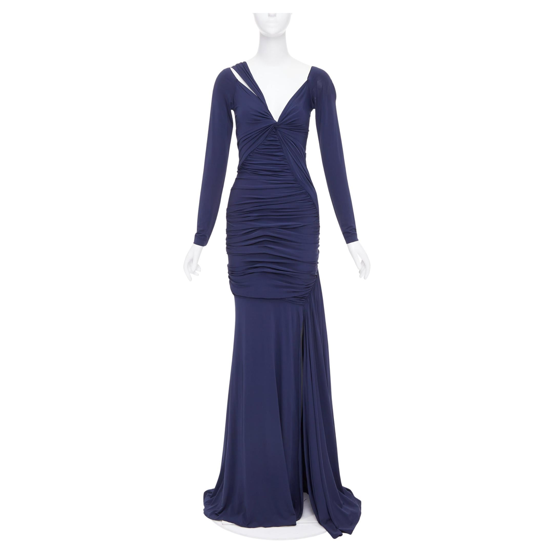 DONNA KARAN navy cold shoulder lunge neck draped grecian gown dress L