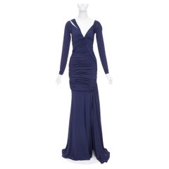 DONNA KARAN navy cold shoulder lunge neck draped grecian gown dress L