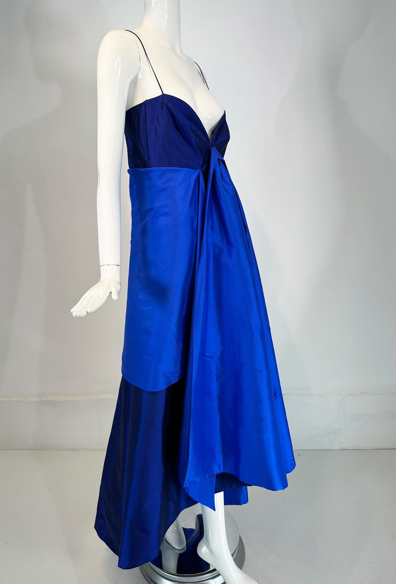 Donna Karan Navy & Lapis Blue Silk Spaghetti Strap Slip Gown with Long Peplum 8 For Sale 8