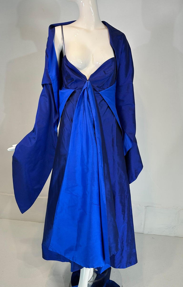 Donna Karan Navy and Lapis Blue Silk Spaghetti Strap Slip Gown with Long Peplum 8 at 1stDibs