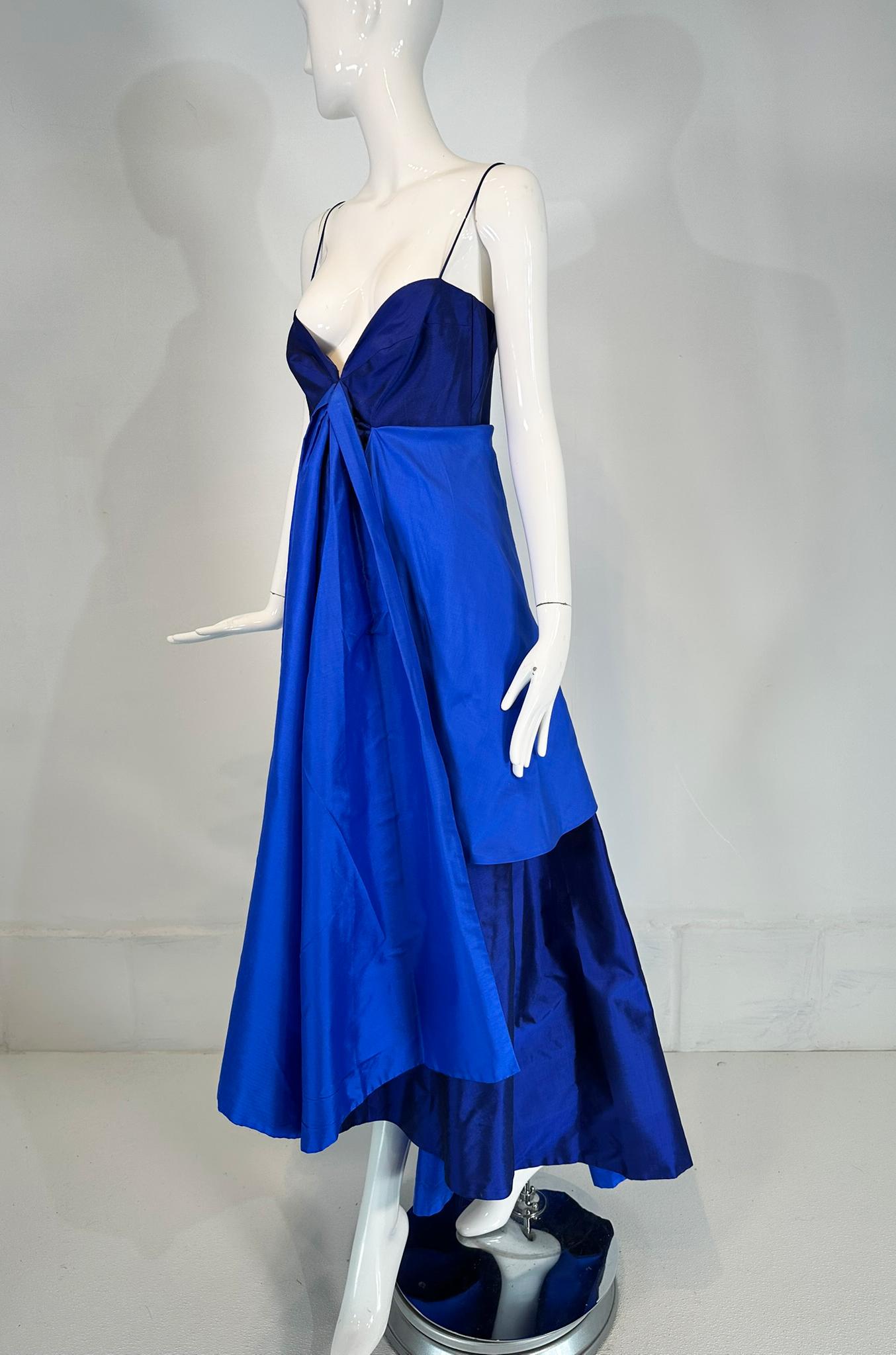 Donna Karan Navy & Lapis Blue Silk Spaghetti Strap Slip Gown with Long Peplum 8 In Good Condition For Sale In West Palm Beach, FL