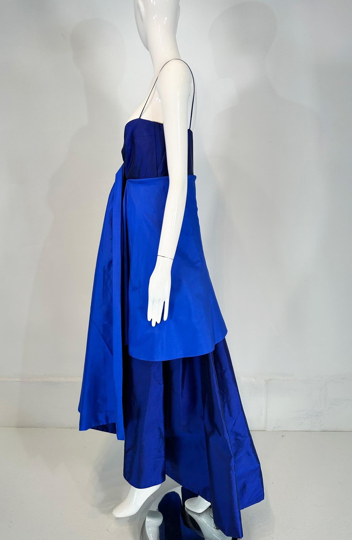 Women's Donna Karan Navy & Lapis Blue Silk Spaghetti Strap Slip Gown with Long Peplum 8 For Sale