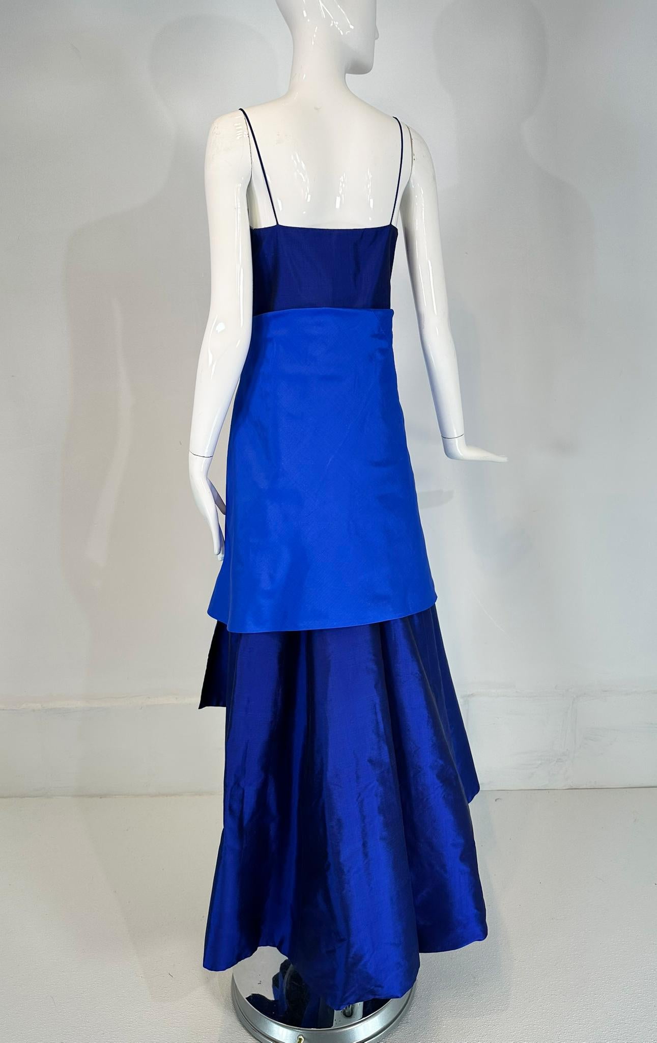 Donna Karan Navy & Lapis Blue Silk Spaghetti Strap Slip Gown with Long Peplum 8 For Sale 2